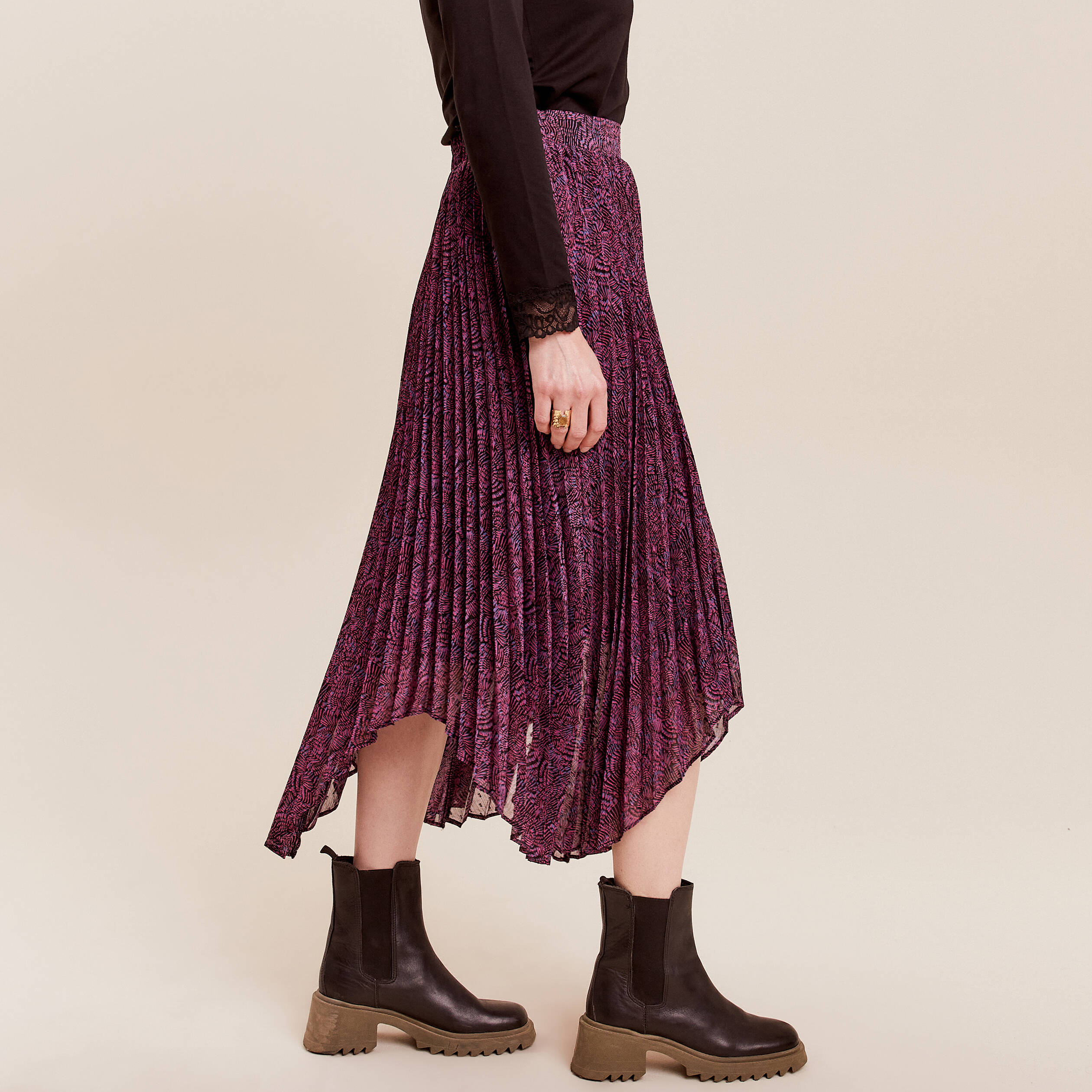 Jupe longue évasée plissée violet femme