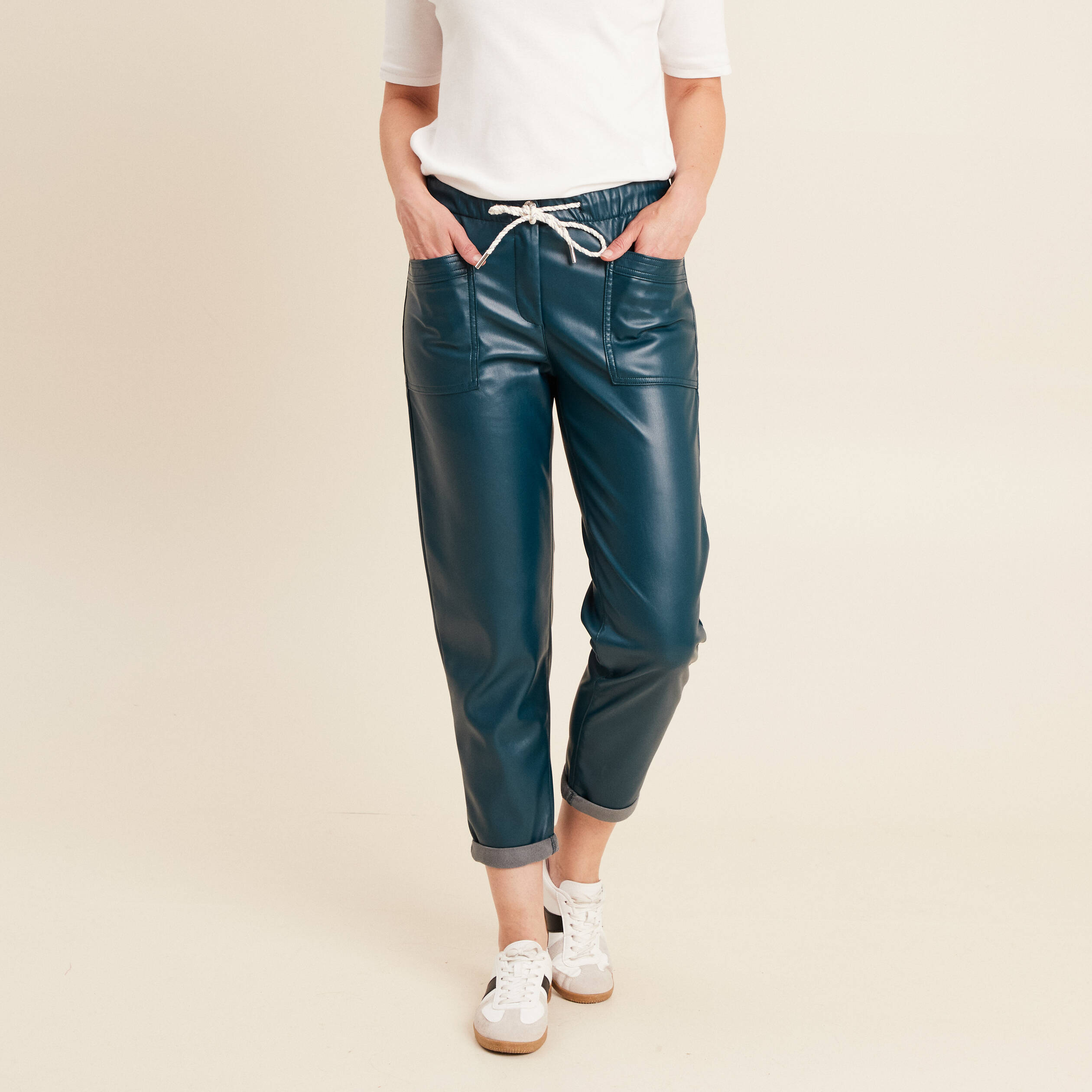 Pantalon paperbag simili cuir bleu canard femme Bréal