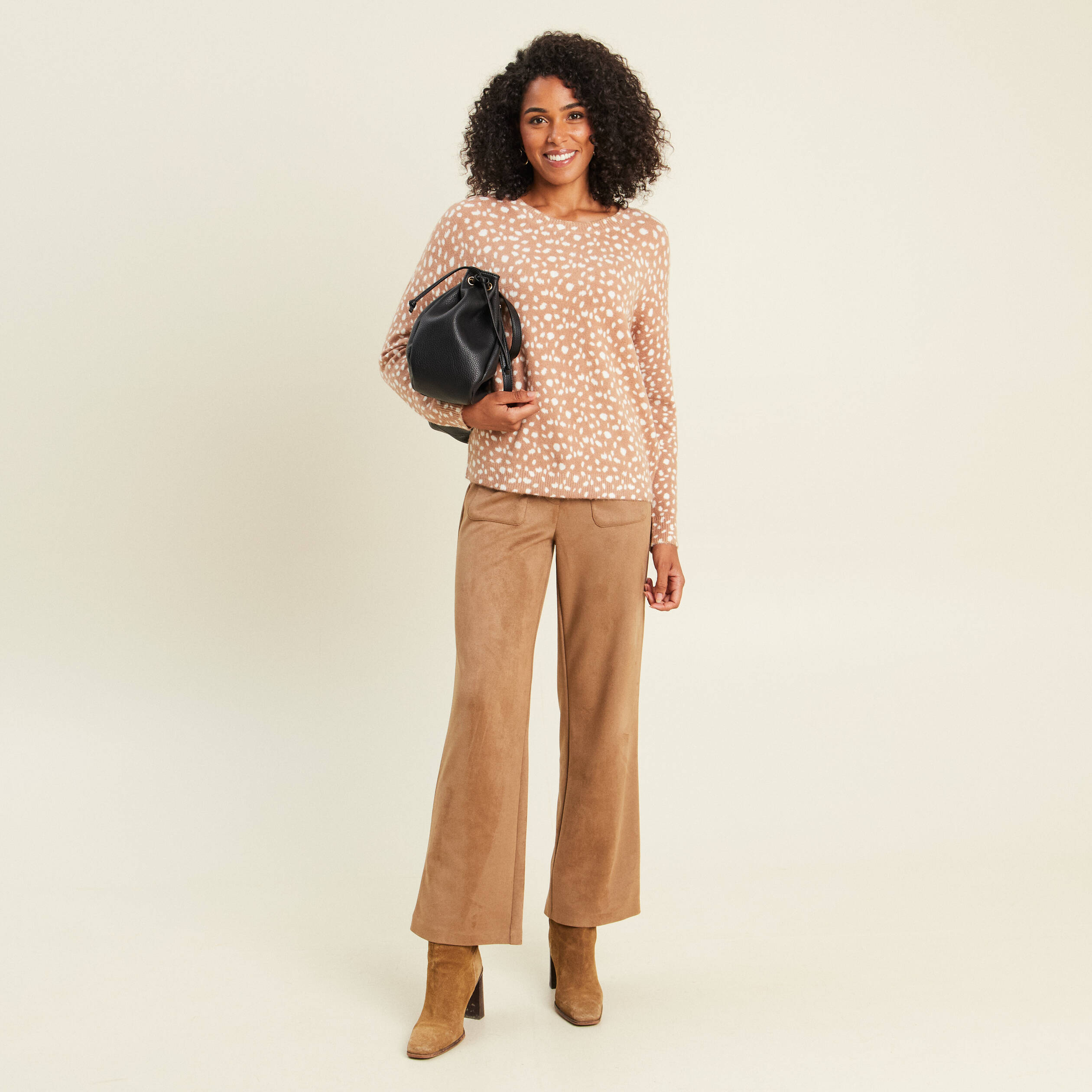 Pantalon aspect daim marron femme