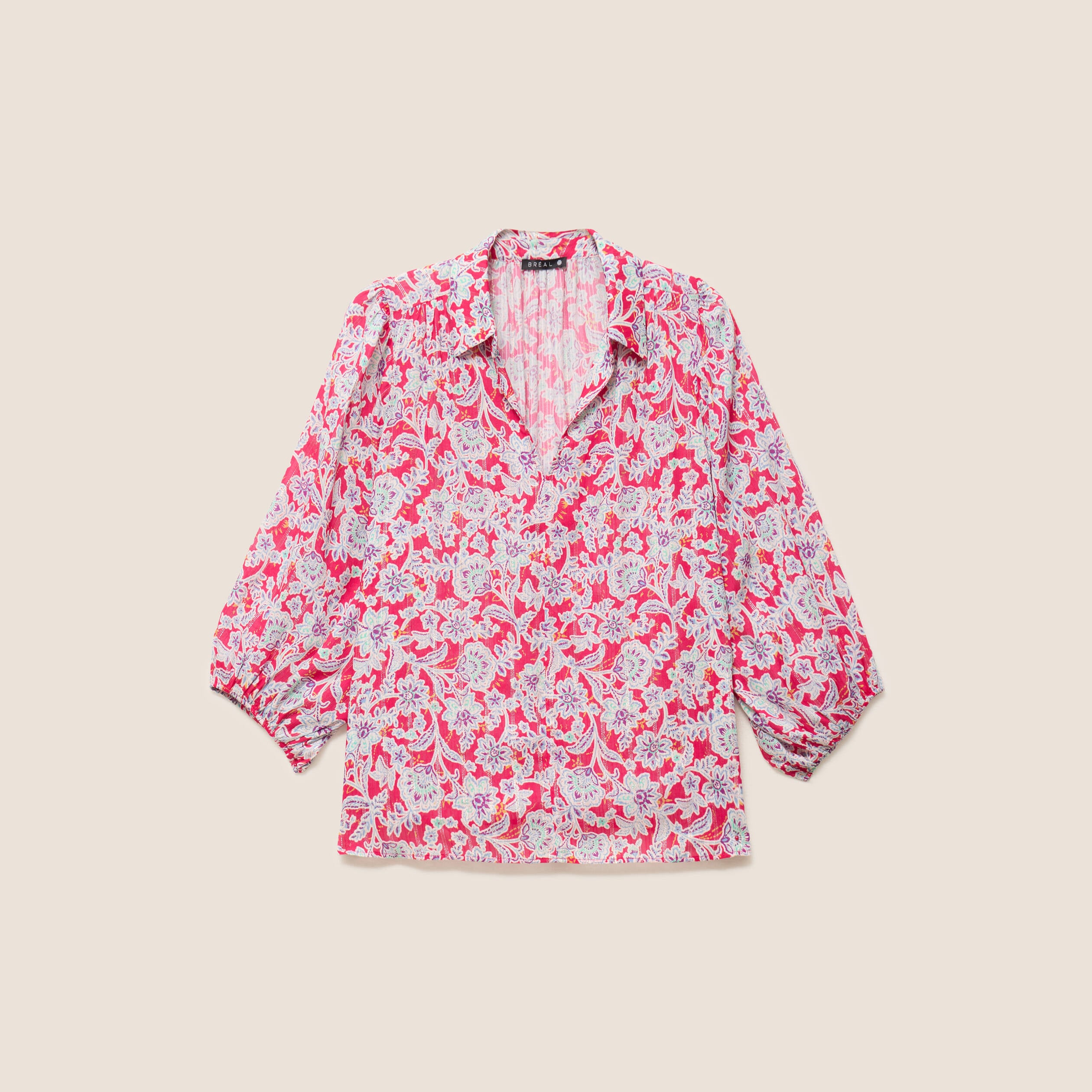 Blouse ample col chemise manches 3/4 rose femme