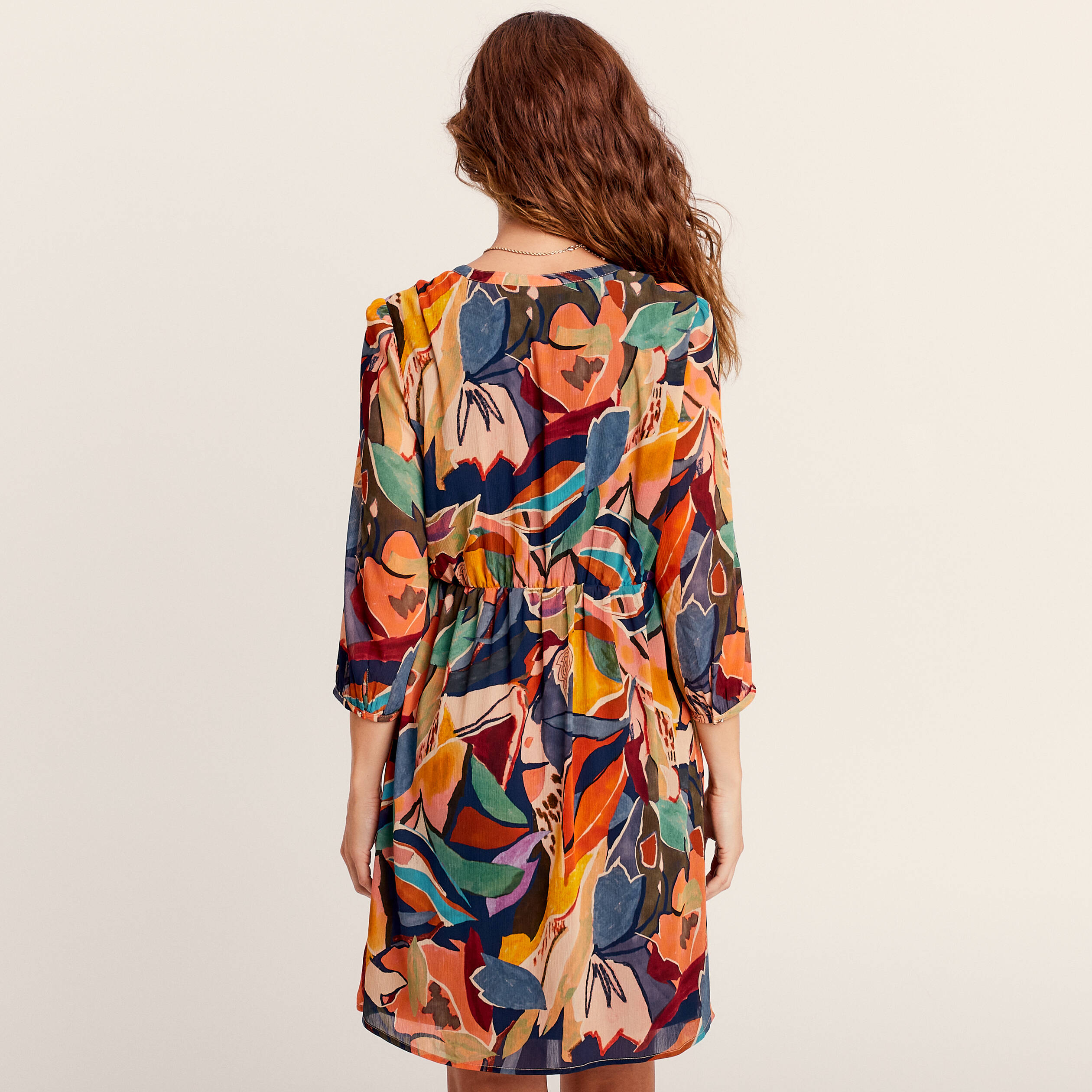 Robe évasée col tunisien beige femme