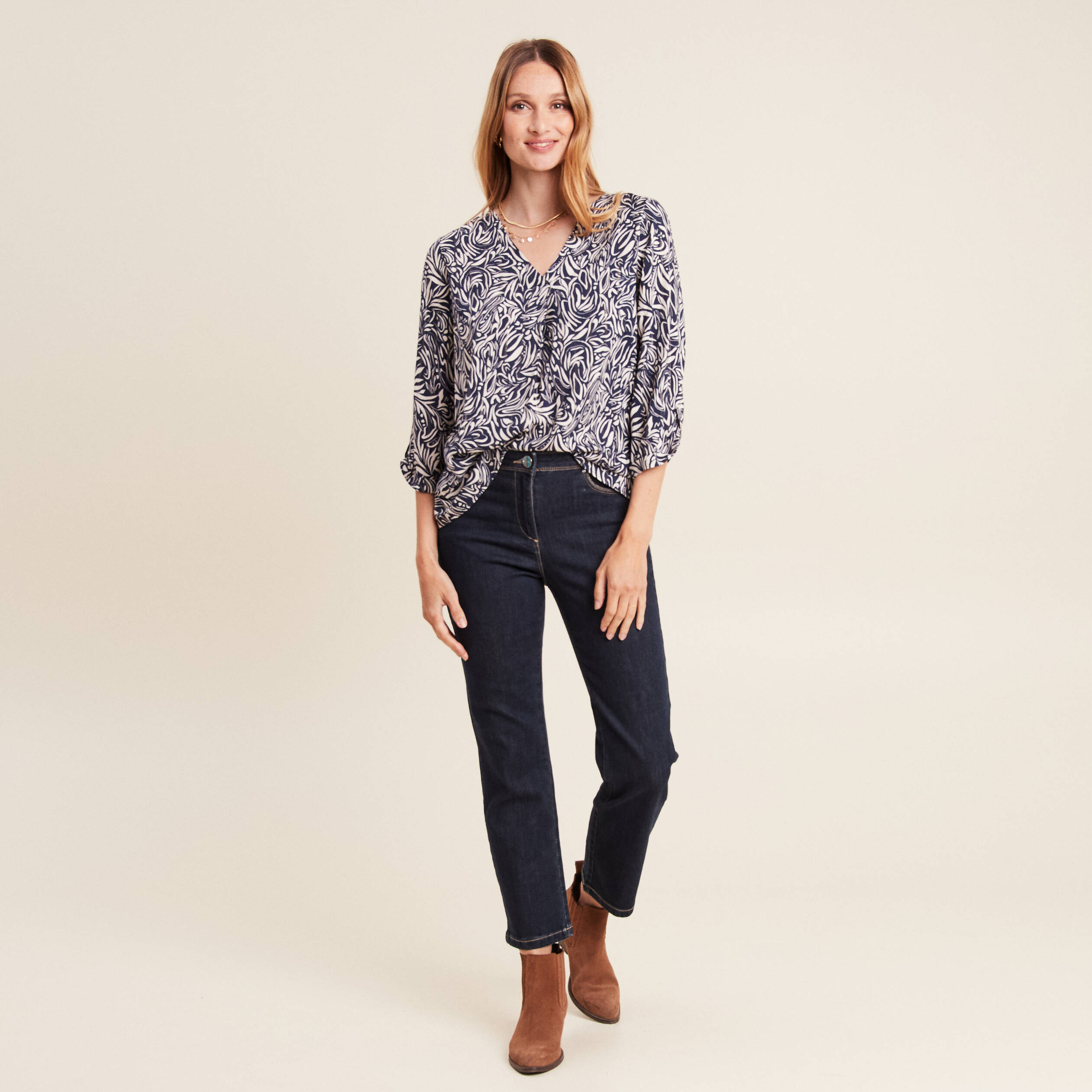 Blouse manches 3/4 bleu femme