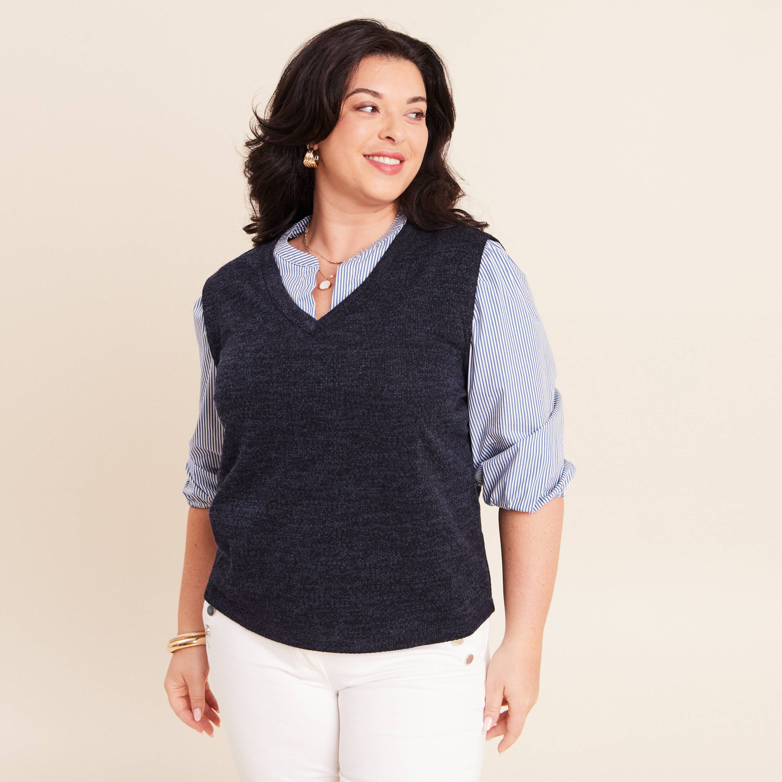 T-shirt 2 en 1 col tunisien manches 3/4 bleu marine femme