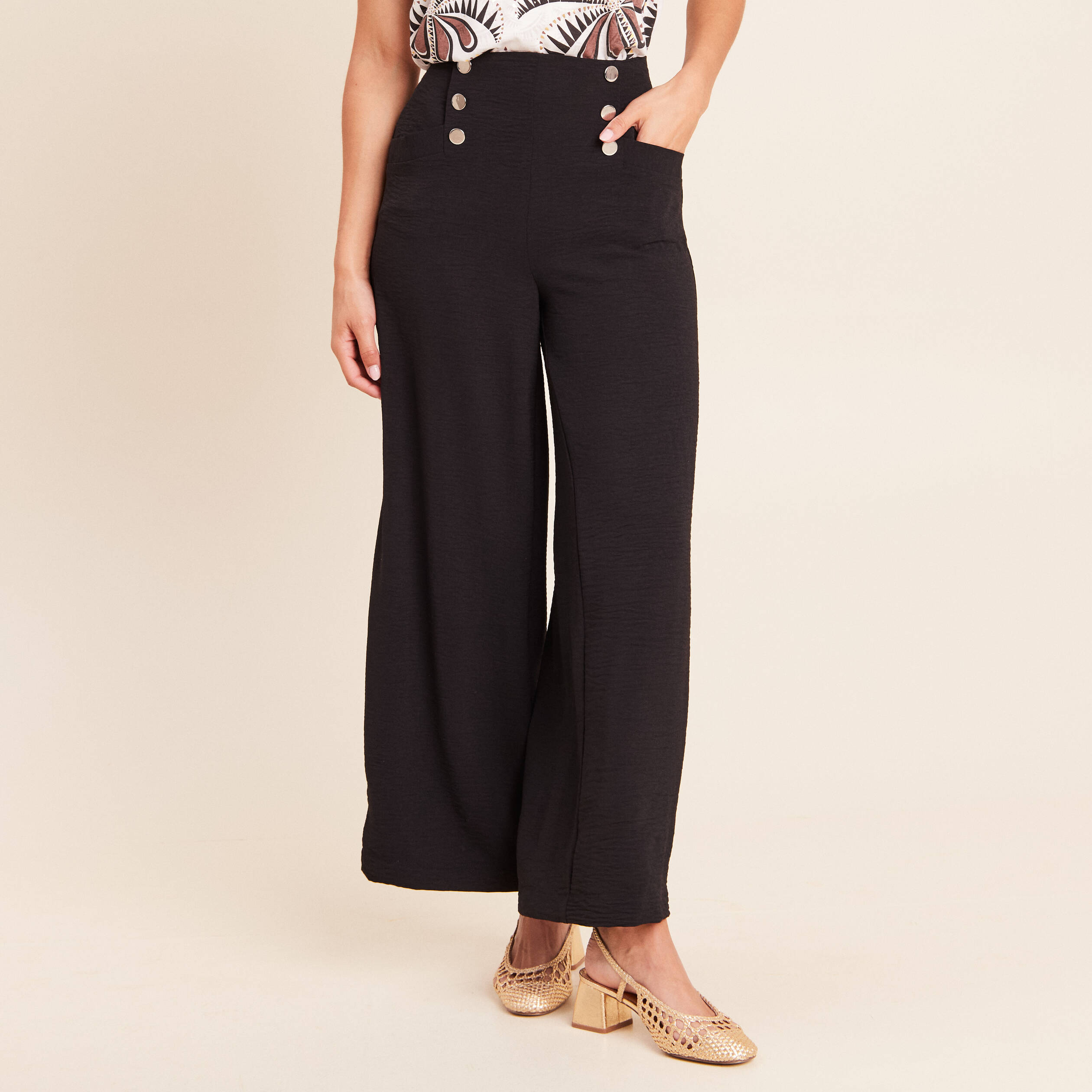 Pantalon large 7/8&egrave;me taille haute noir femme