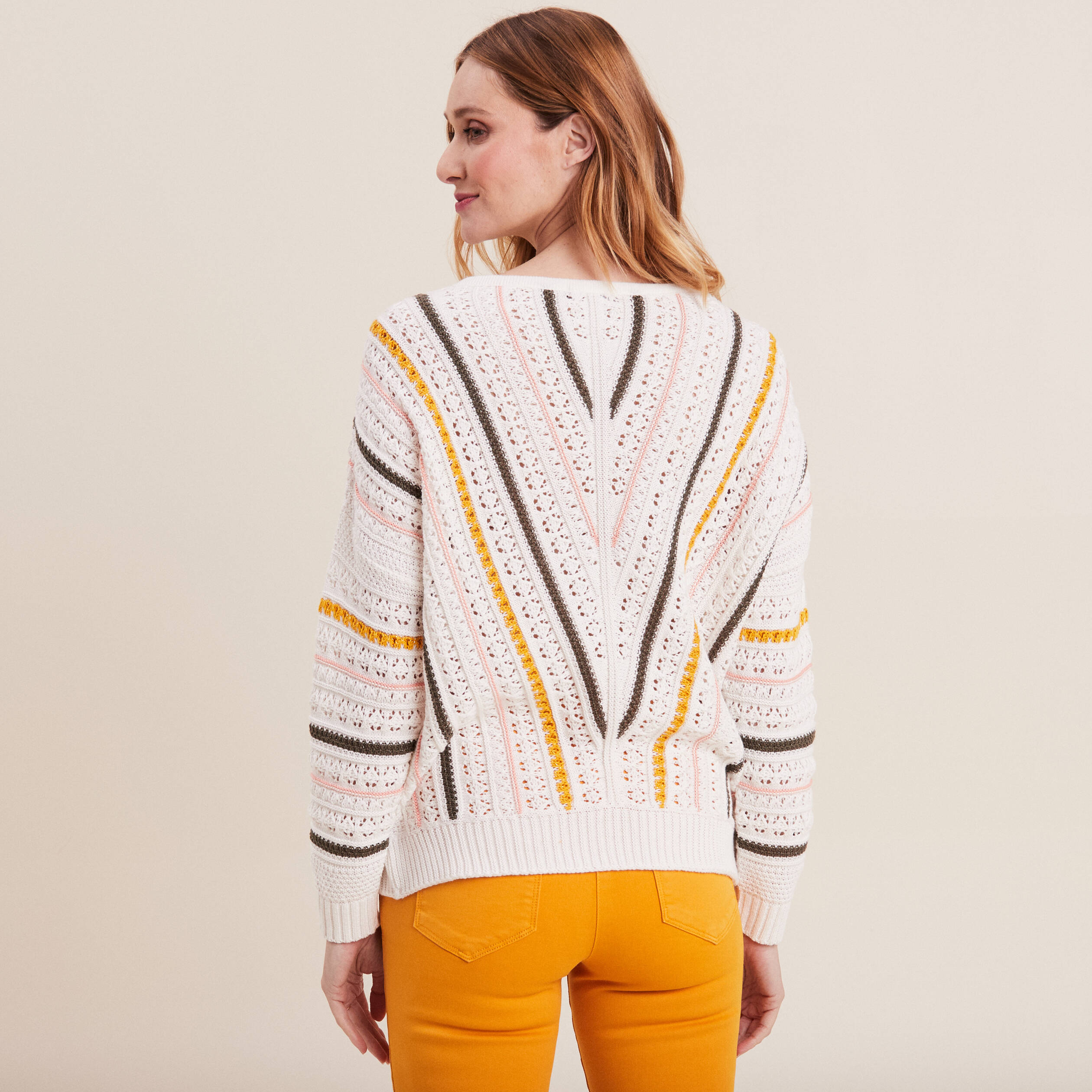 Pull manches longues ajouré beige femme