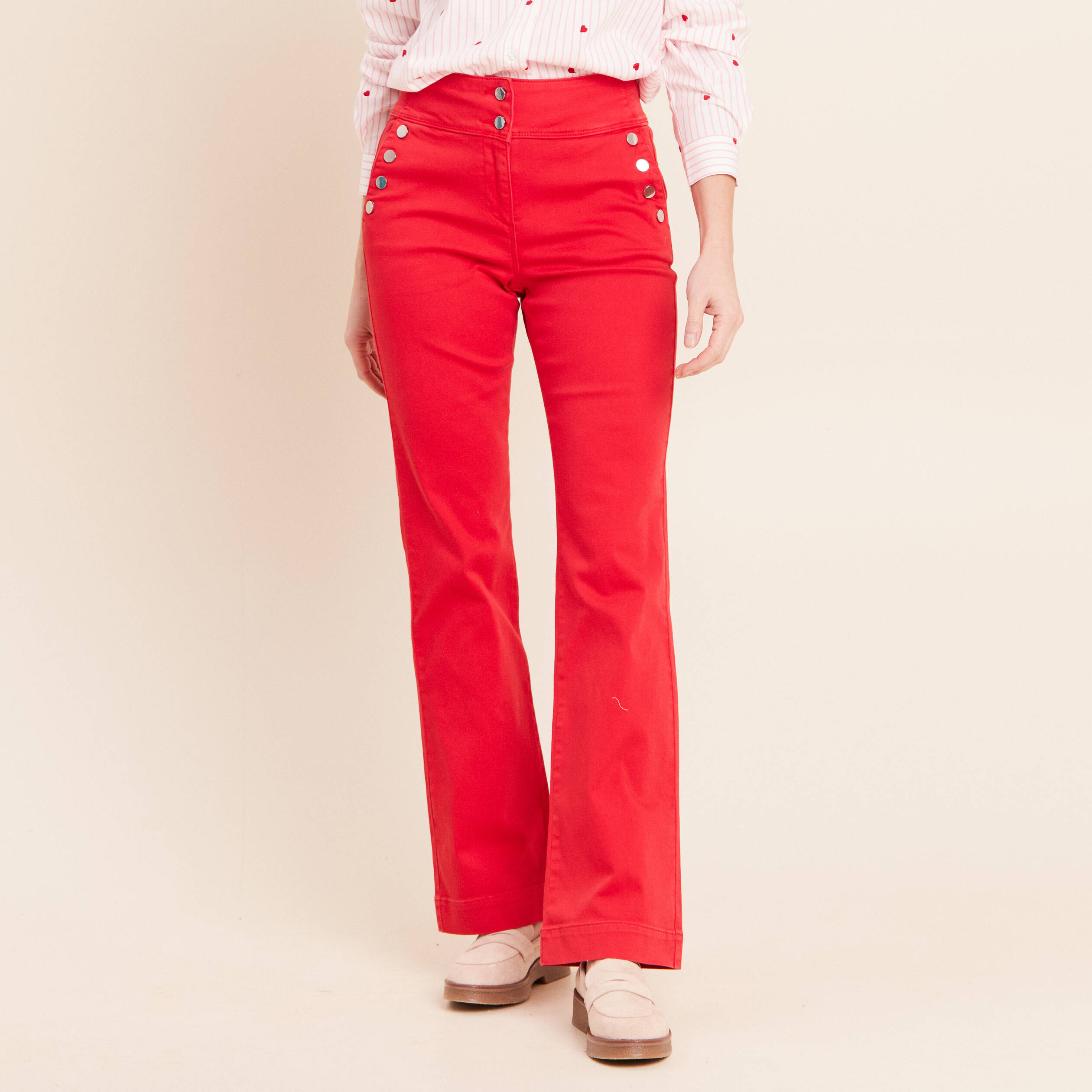Pantalon coupe bootcut &agrave; pont rouge fluo femme
