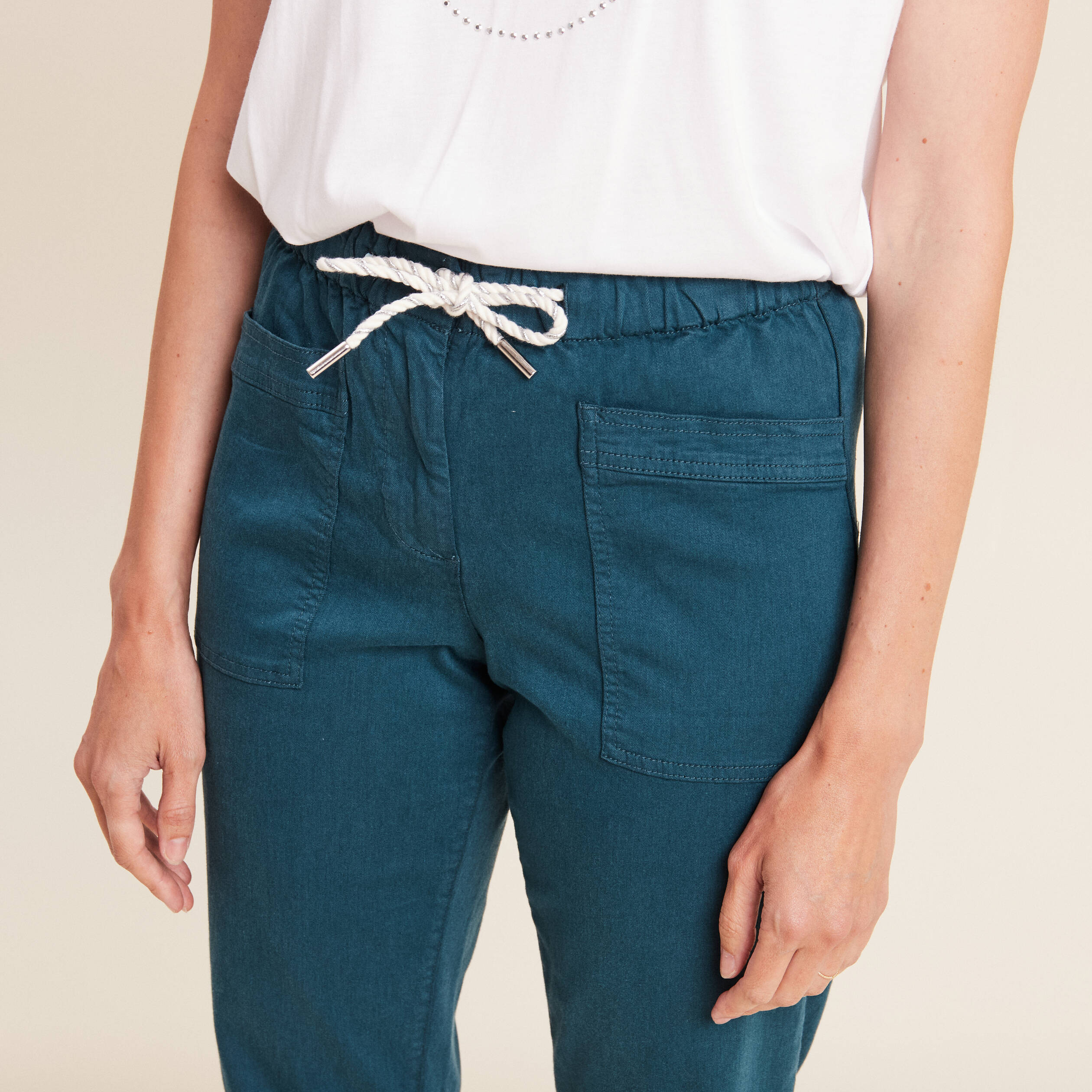 pantalon coupe droite a coulisse bleu canard femme Pantalon coupe droite à coulisse bleu canard femme