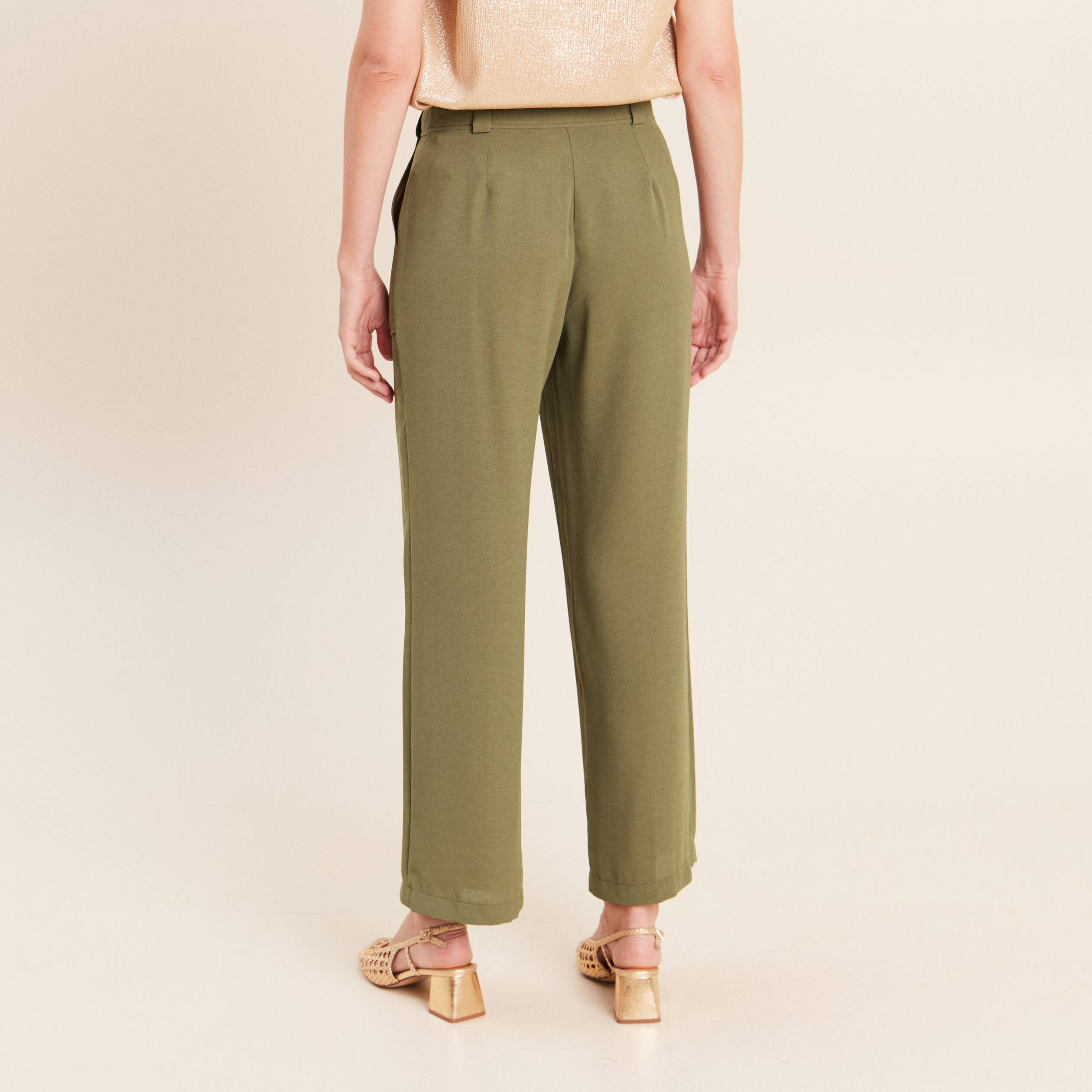 Pantalon large 7/8&egrave;me taille haute vert kaki femme