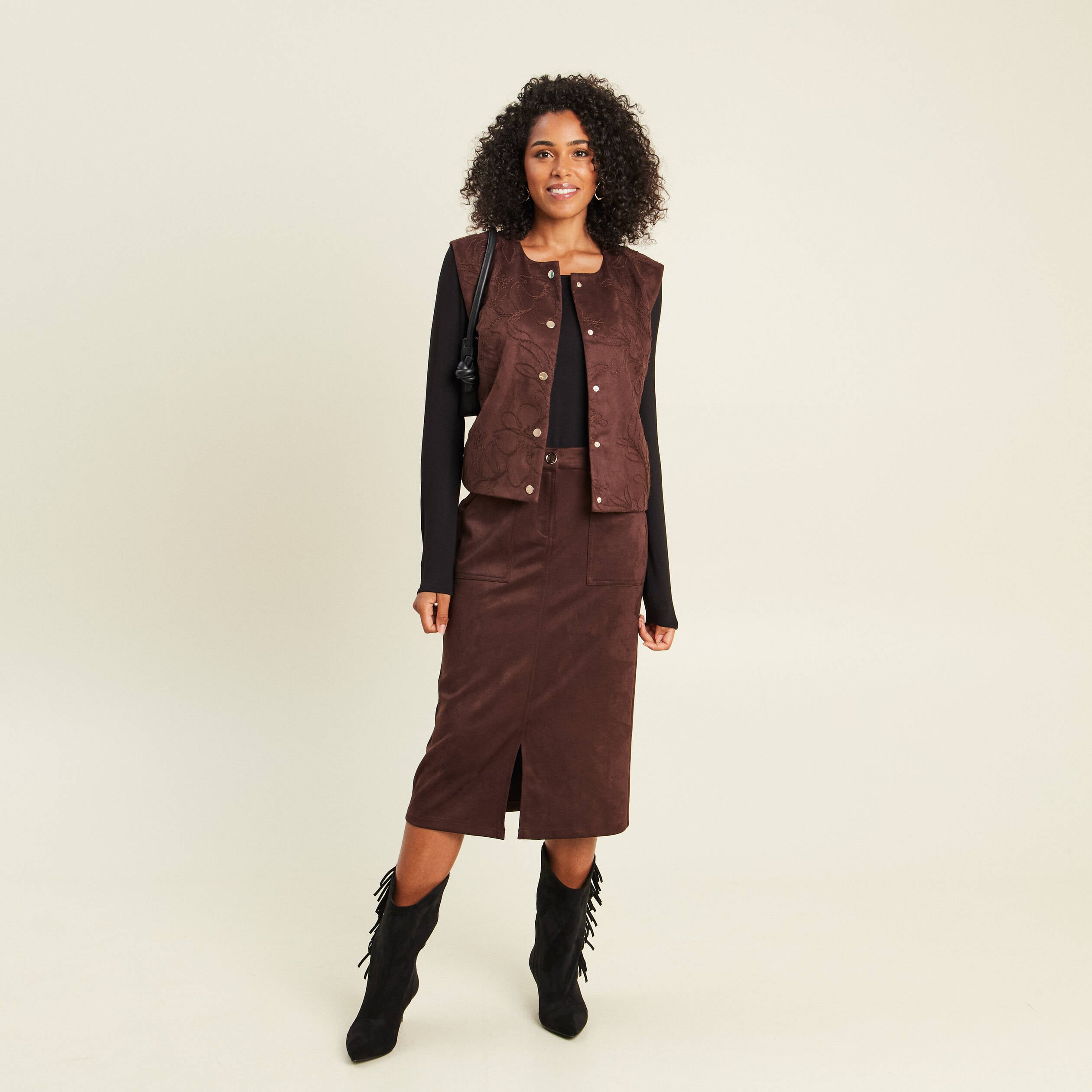 Veste sans manches doubl&eacute;e marron fonc&eacute; femme