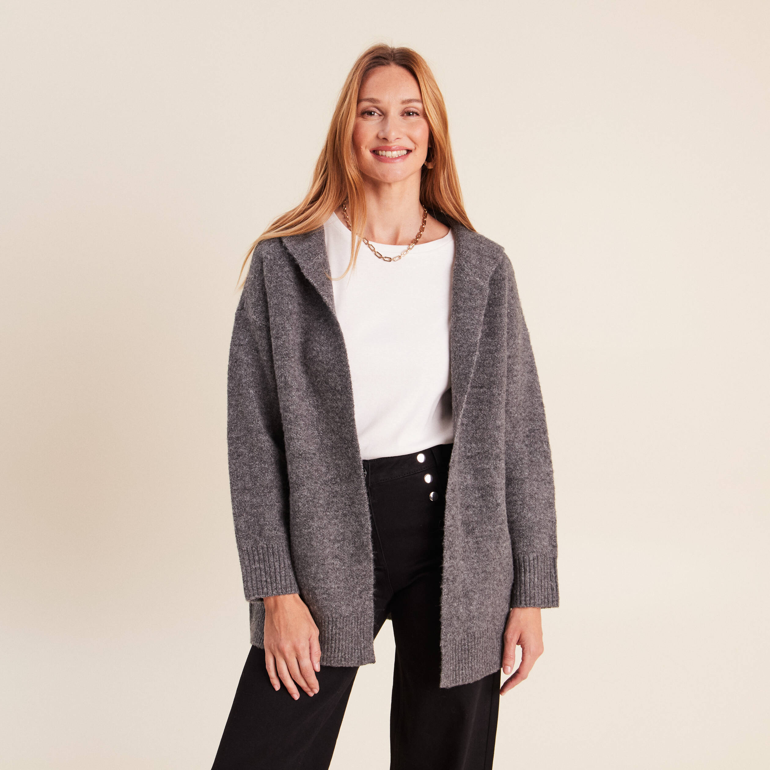 Gilet droit long gris fonc&eacute; femme