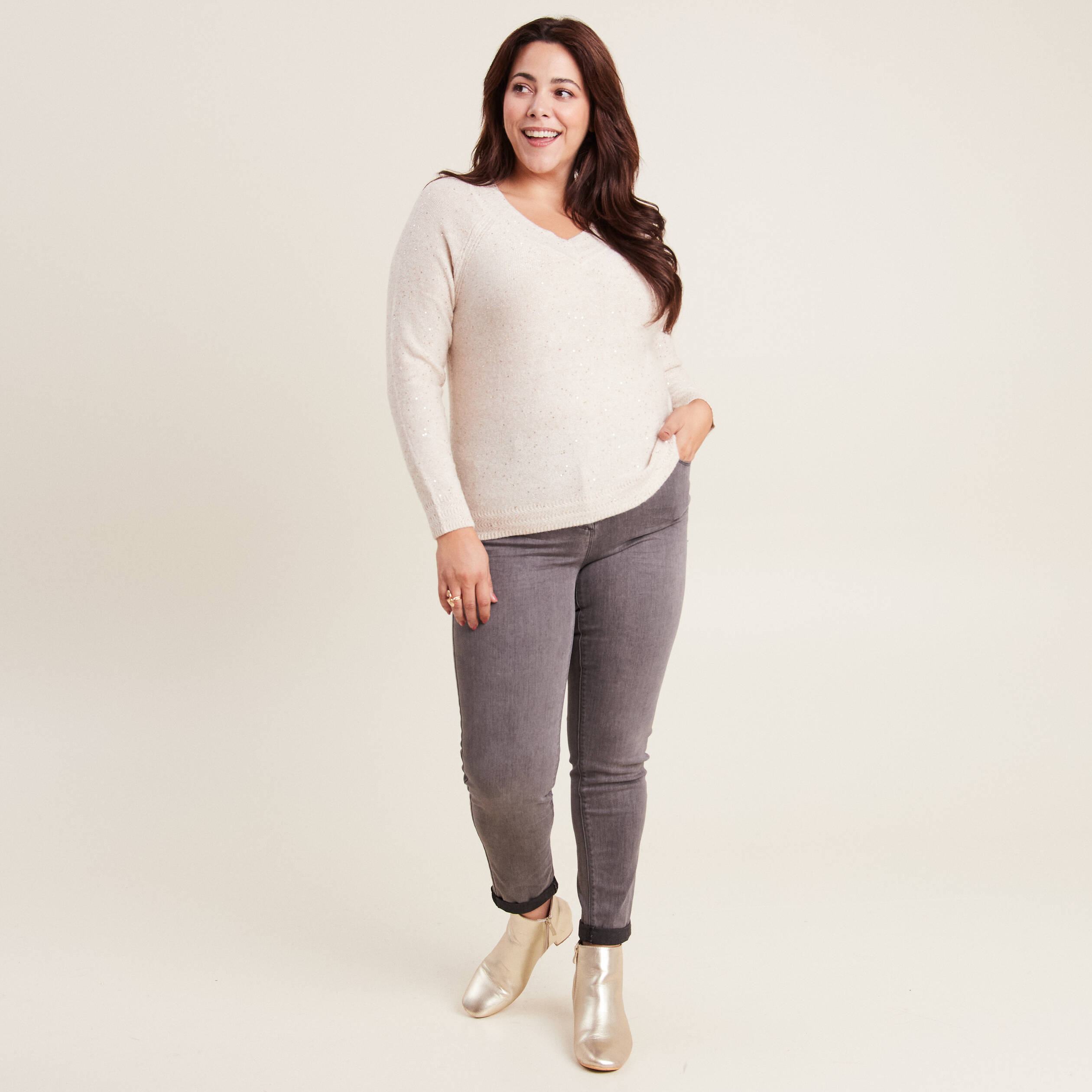 Pull manches longues couleur or femme