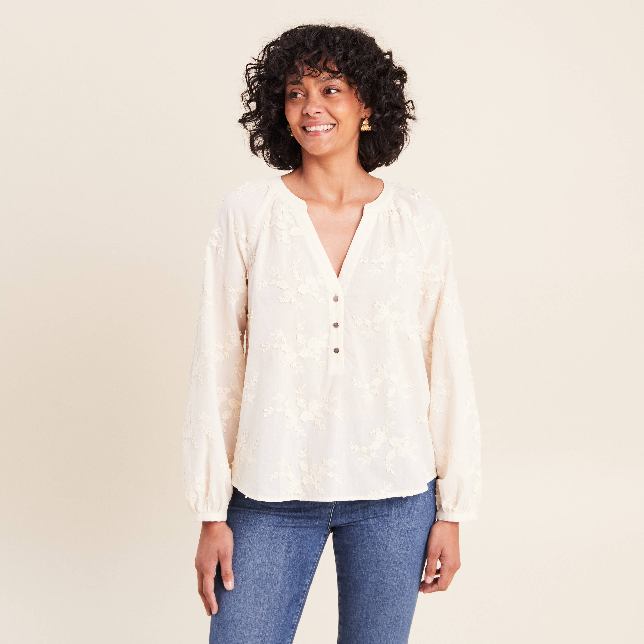 Blouse ample manches longues fluide ecru femme