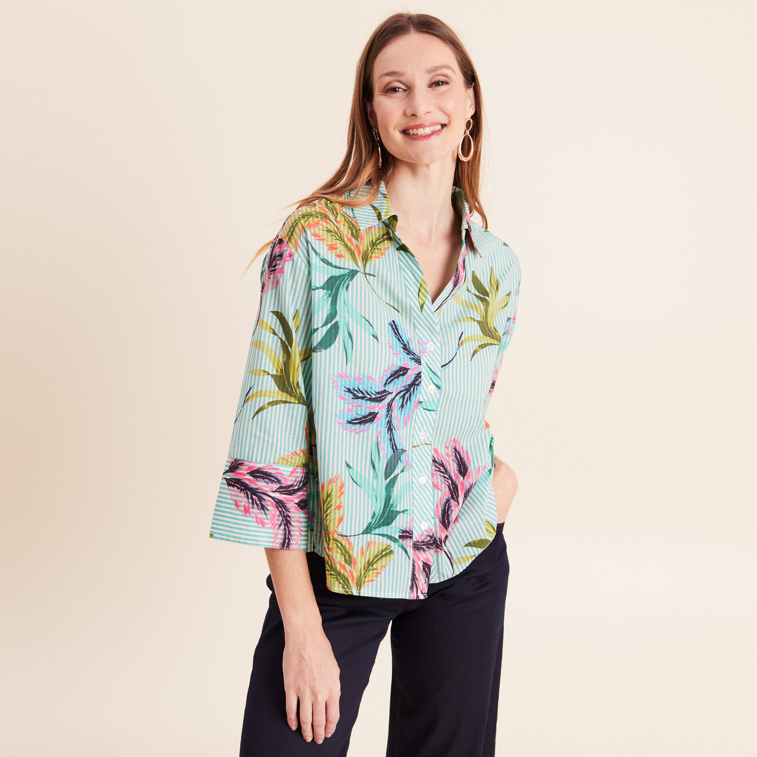 Chemise droite courte manches 3/4 vert femme