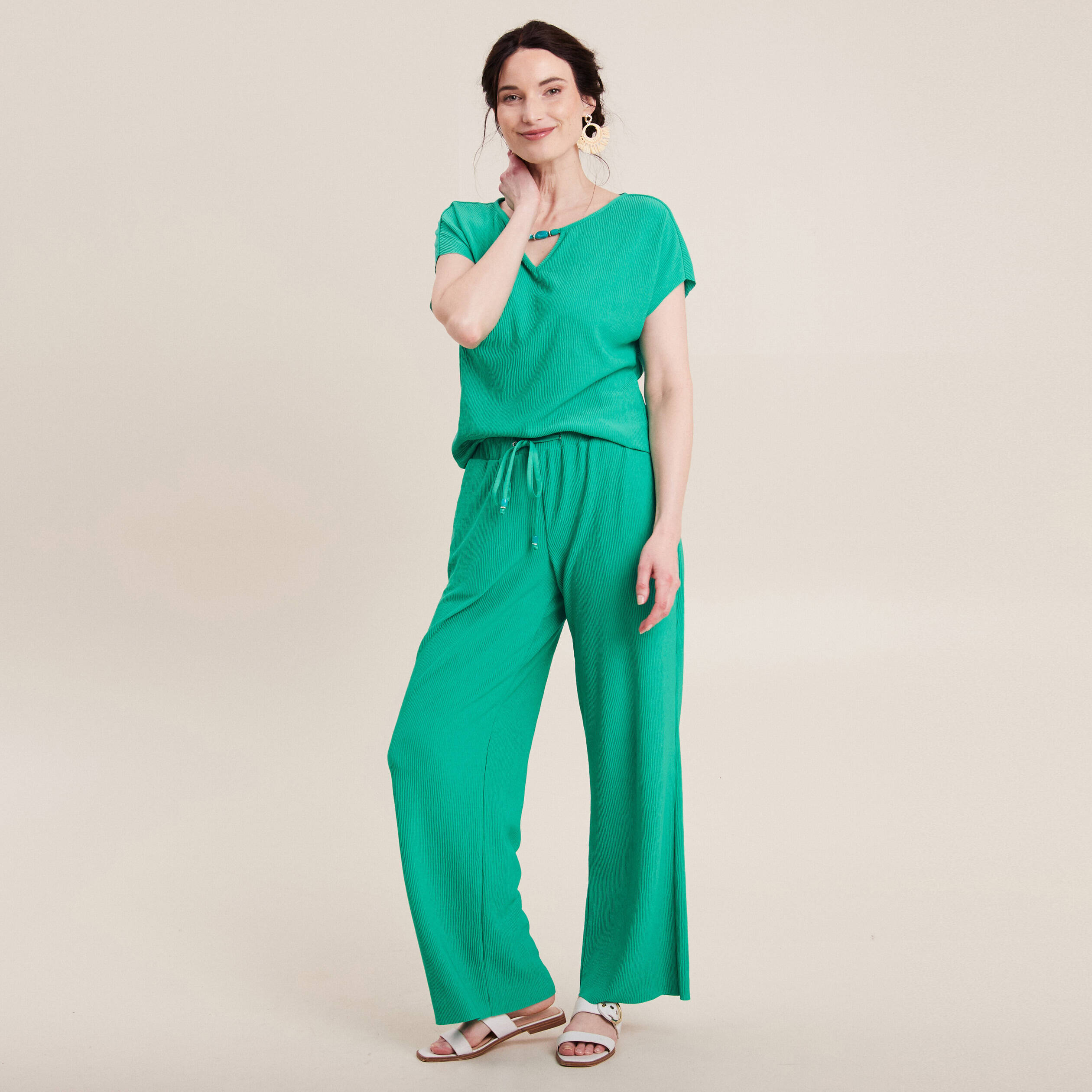 Pantalon flou taille basse vert turquoise femme