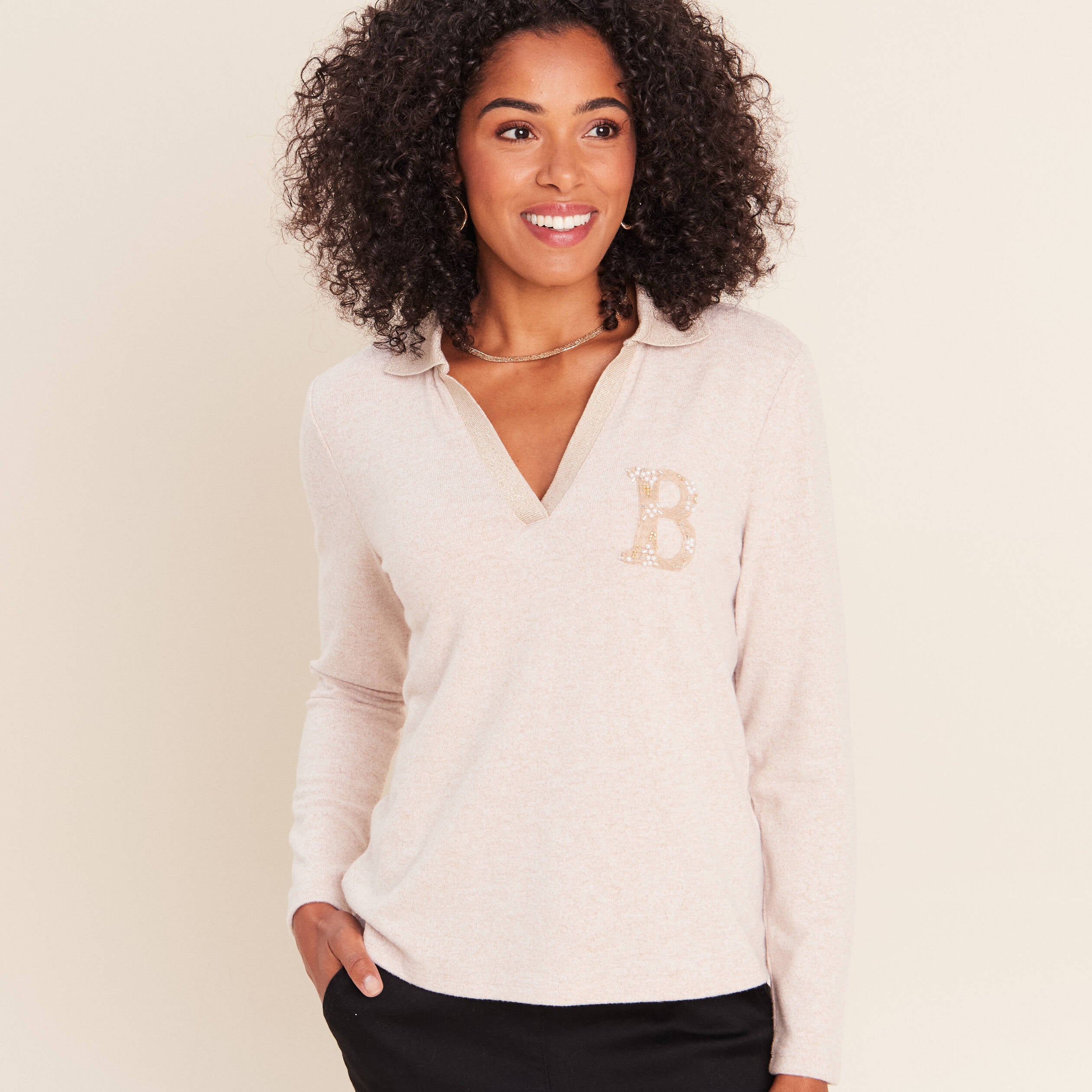 Polo manches longues col chemise brod&eacute; creme femme