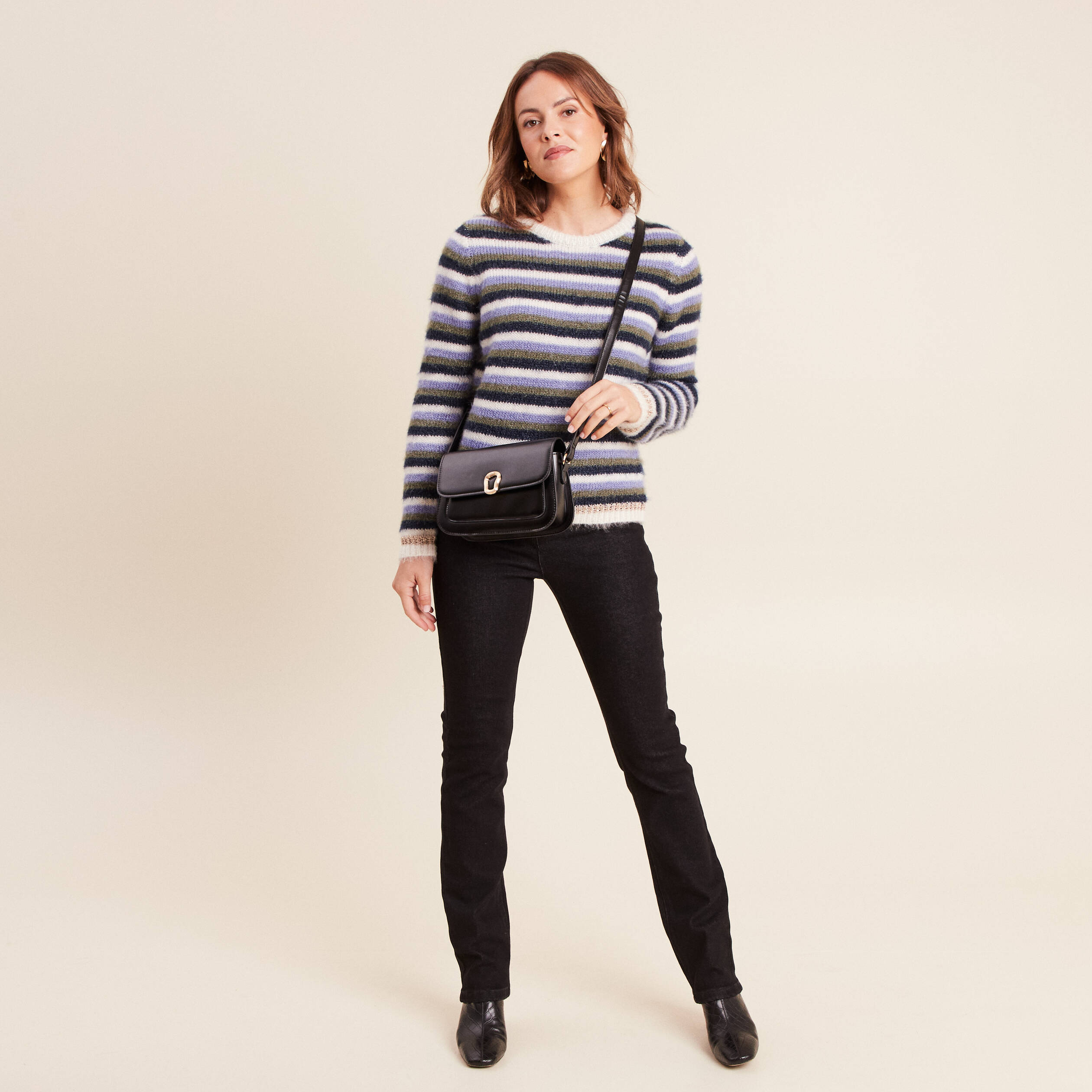 Pull manches longues col rond bleu femme