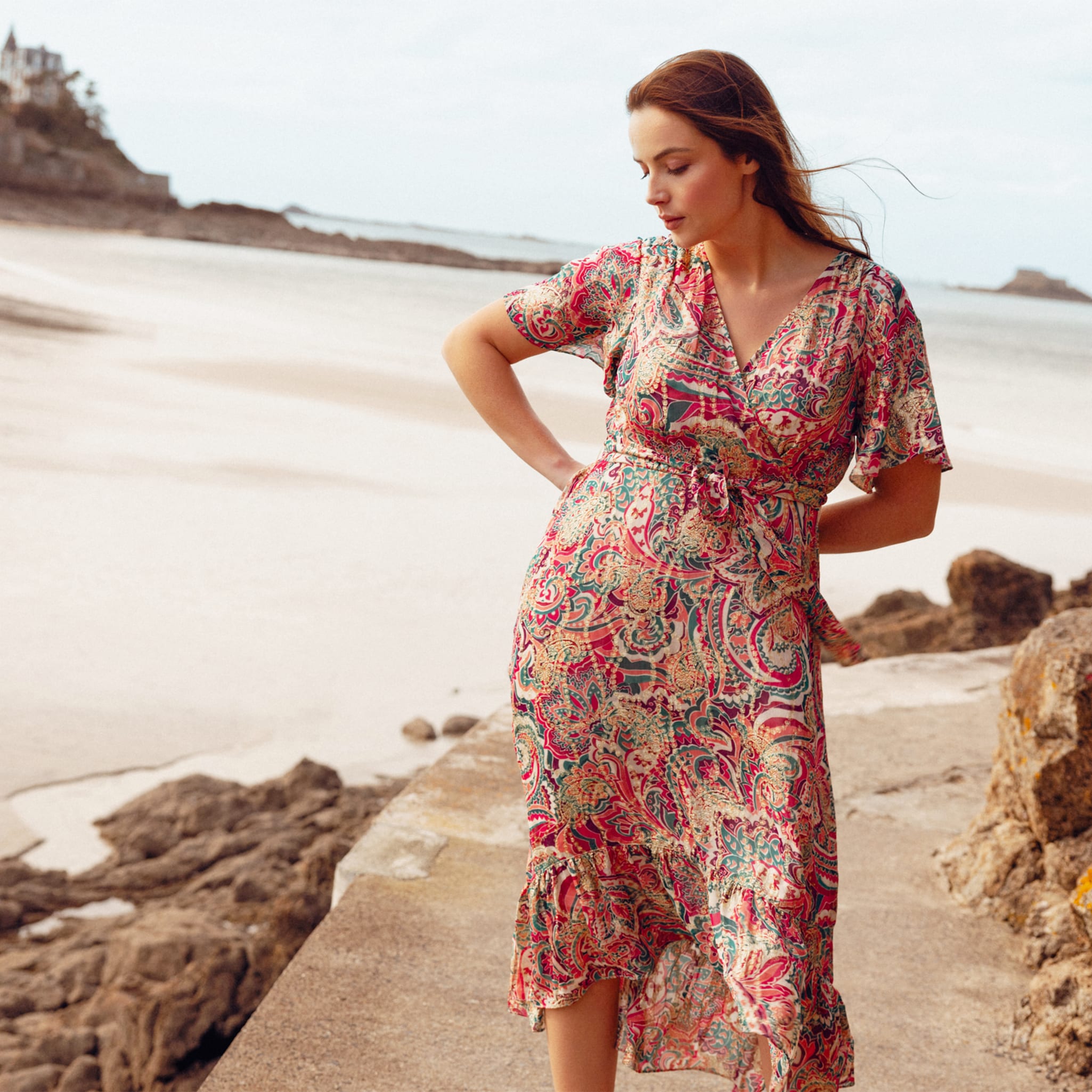 Robe longue évasée fluide rose femme