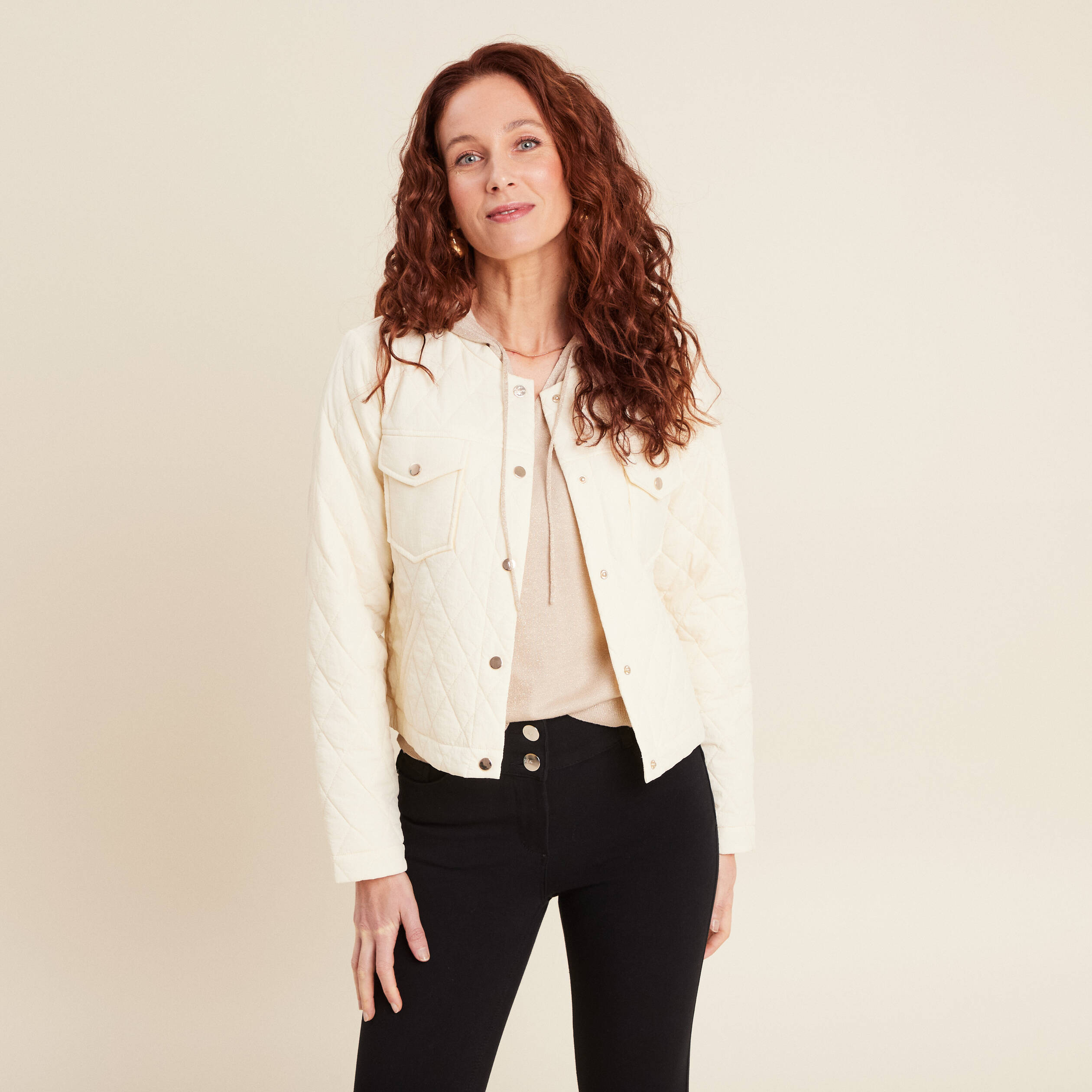 Veste matelassée boutonnée ecru femme