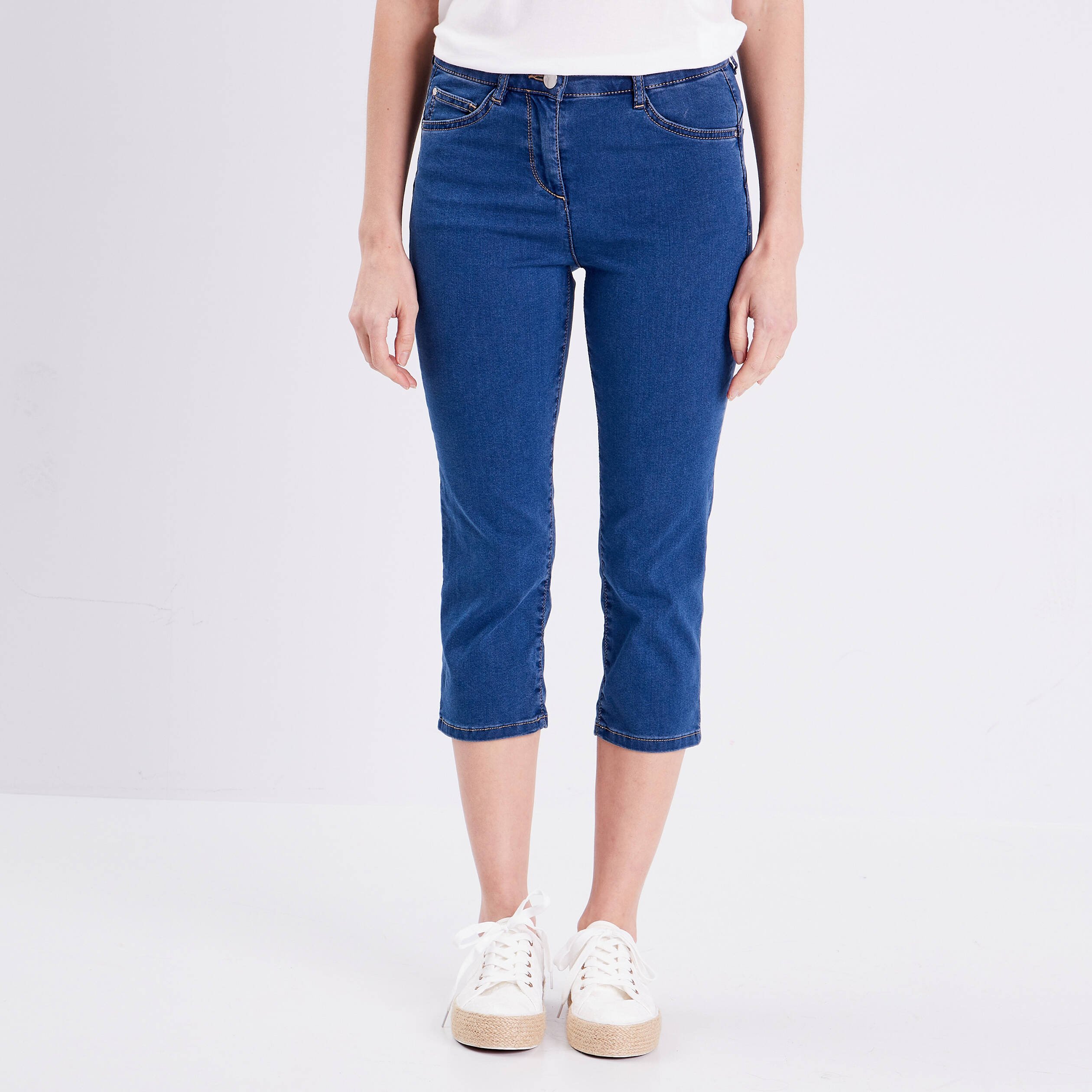 Pantacourt droit taille standard denim double stone femme