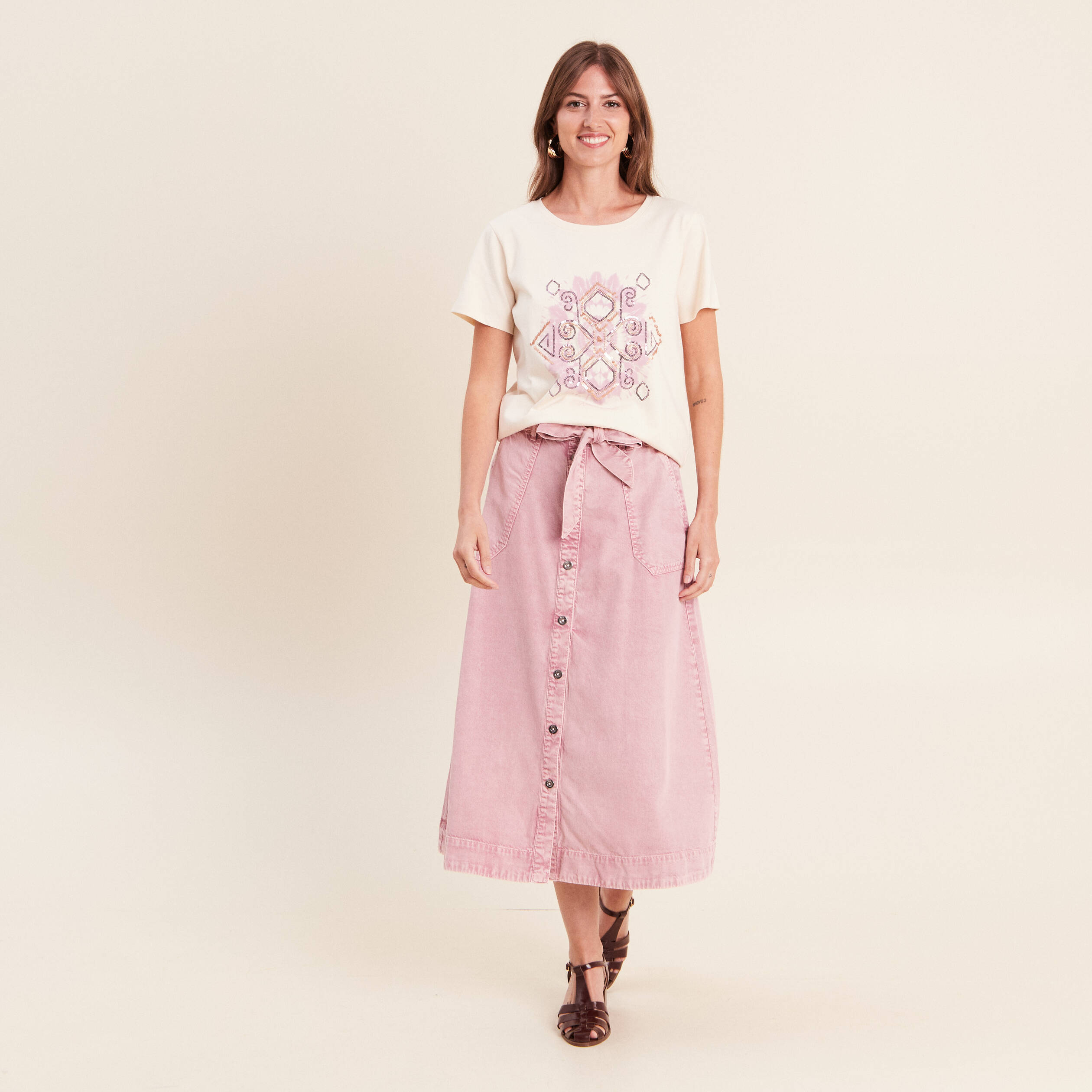 T-shirt col rond manches courtes ecru femme