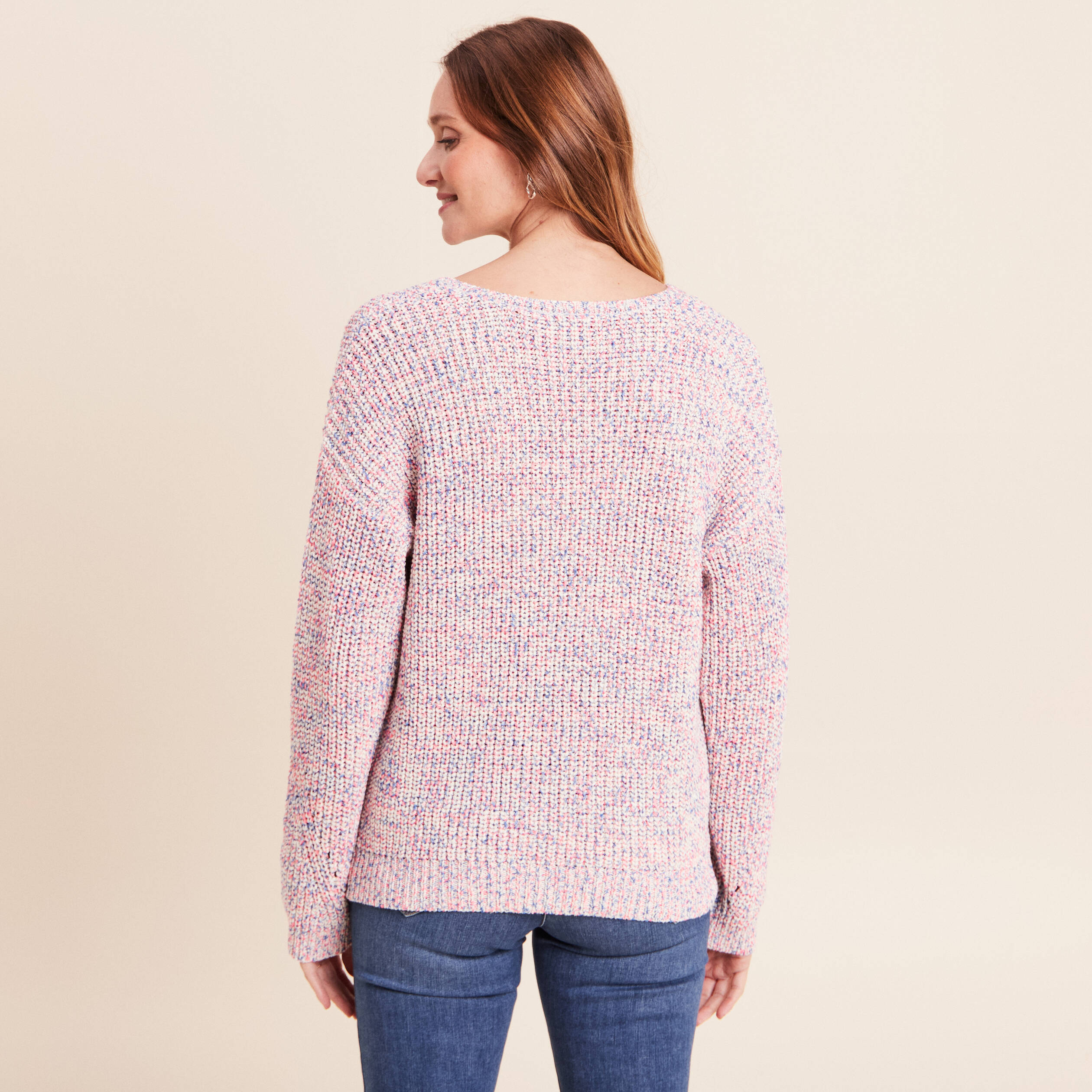 Pull droit long col v manches longues rose fushia femme