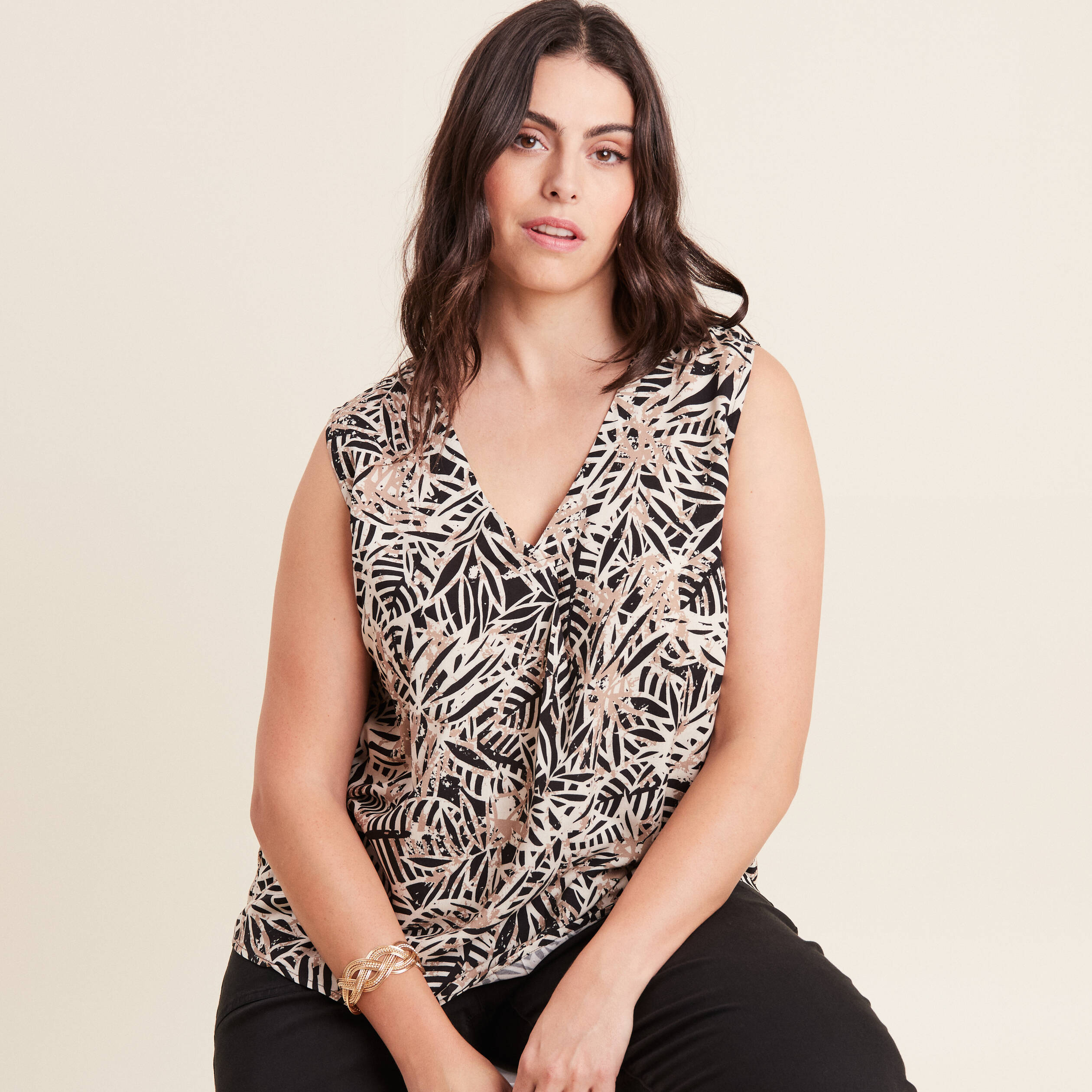 Chemisier RIU Sans Manches Effet Plumes - Noir - Taille 40 - Femme - Vintage