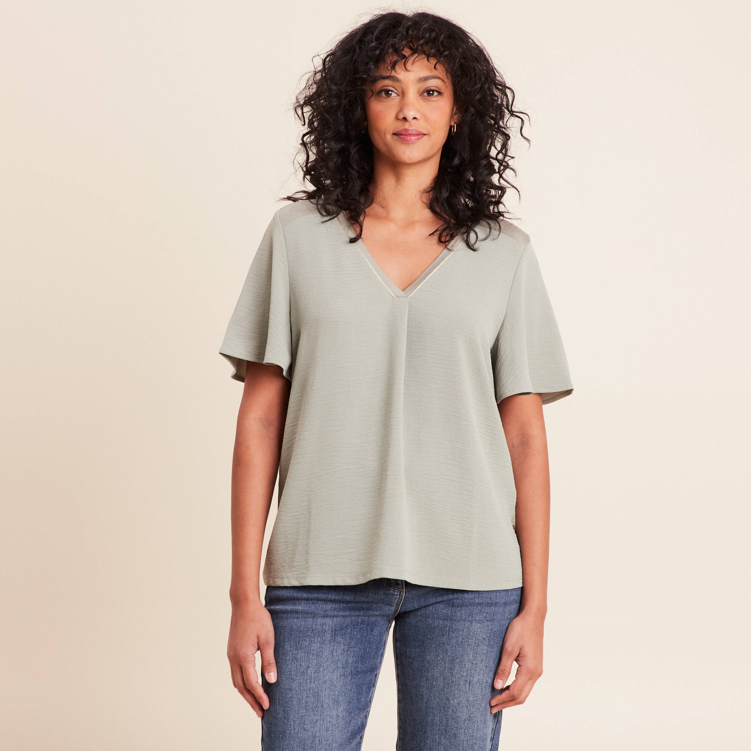 T-shirt bi-mati&egrave;re manches courtes vert clair femme