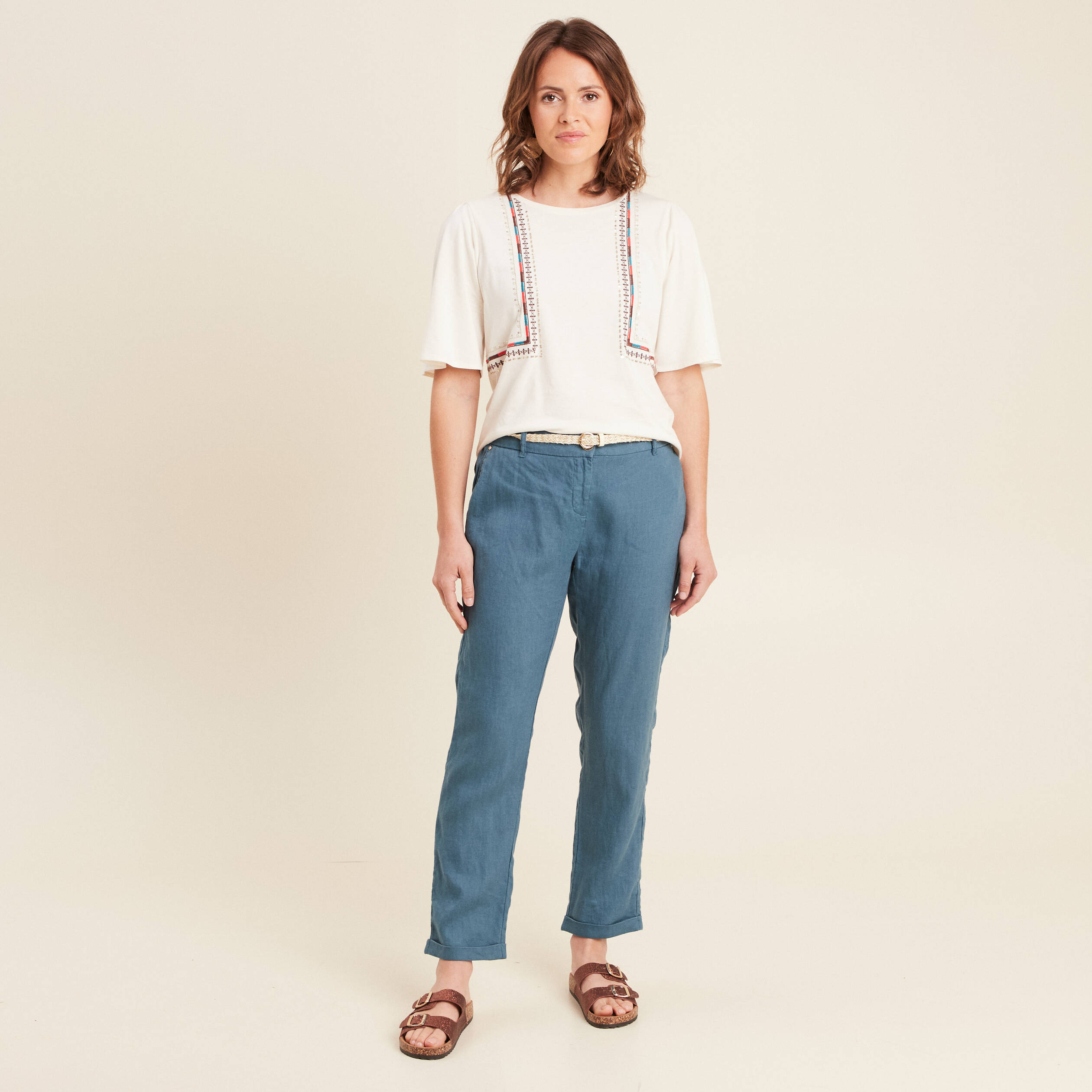 Pantalon flou ceinturé bleu pétrole femme