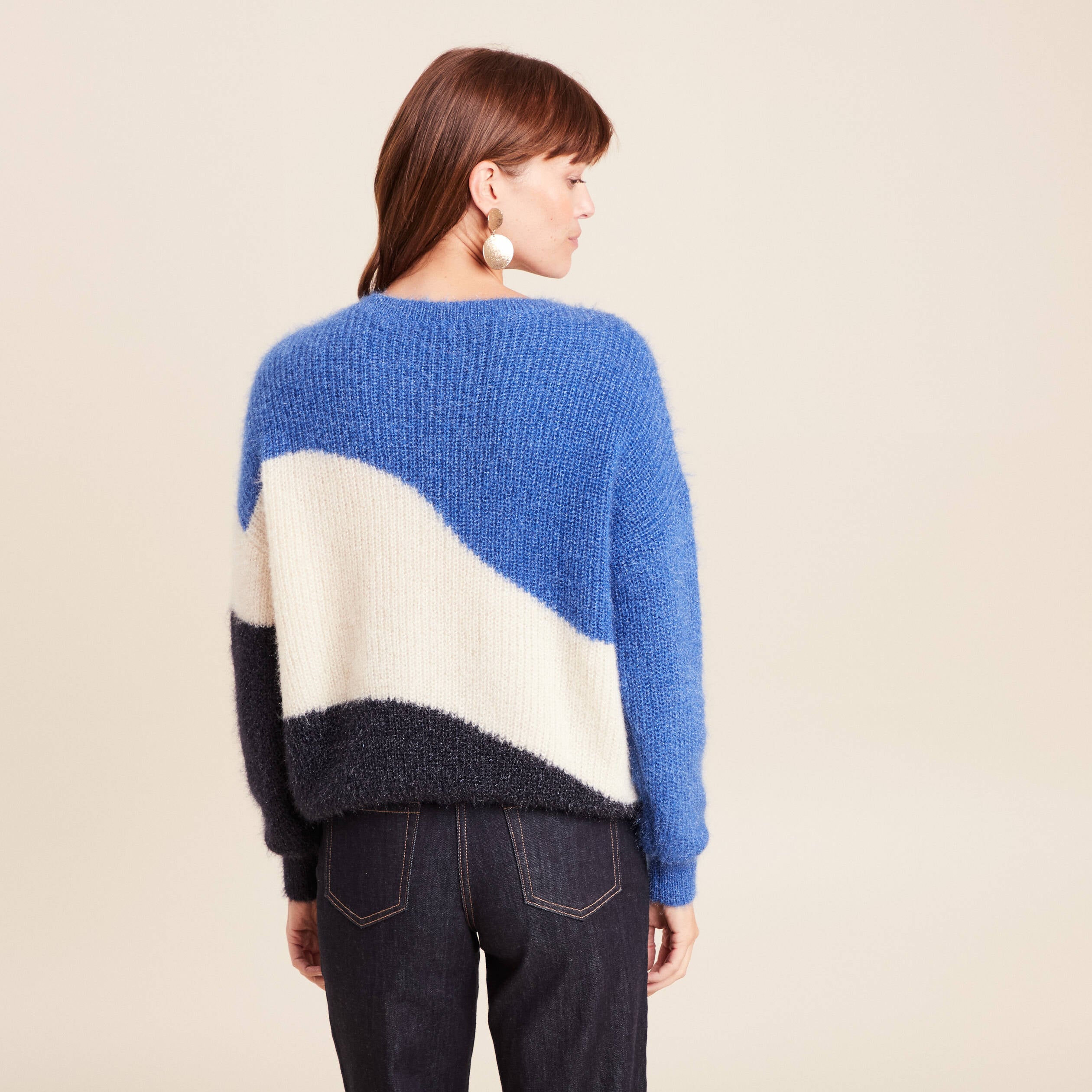 Pull col rond manches longues ecru femme