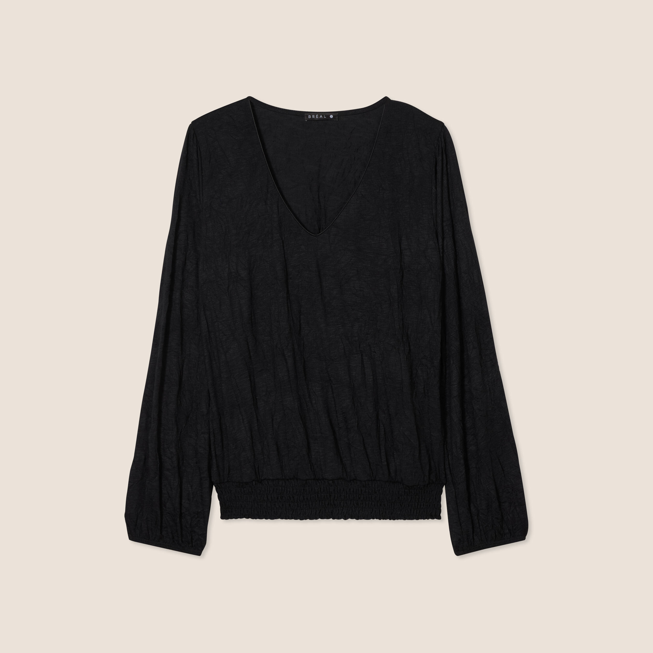 Top droit col V manches longues noir femme