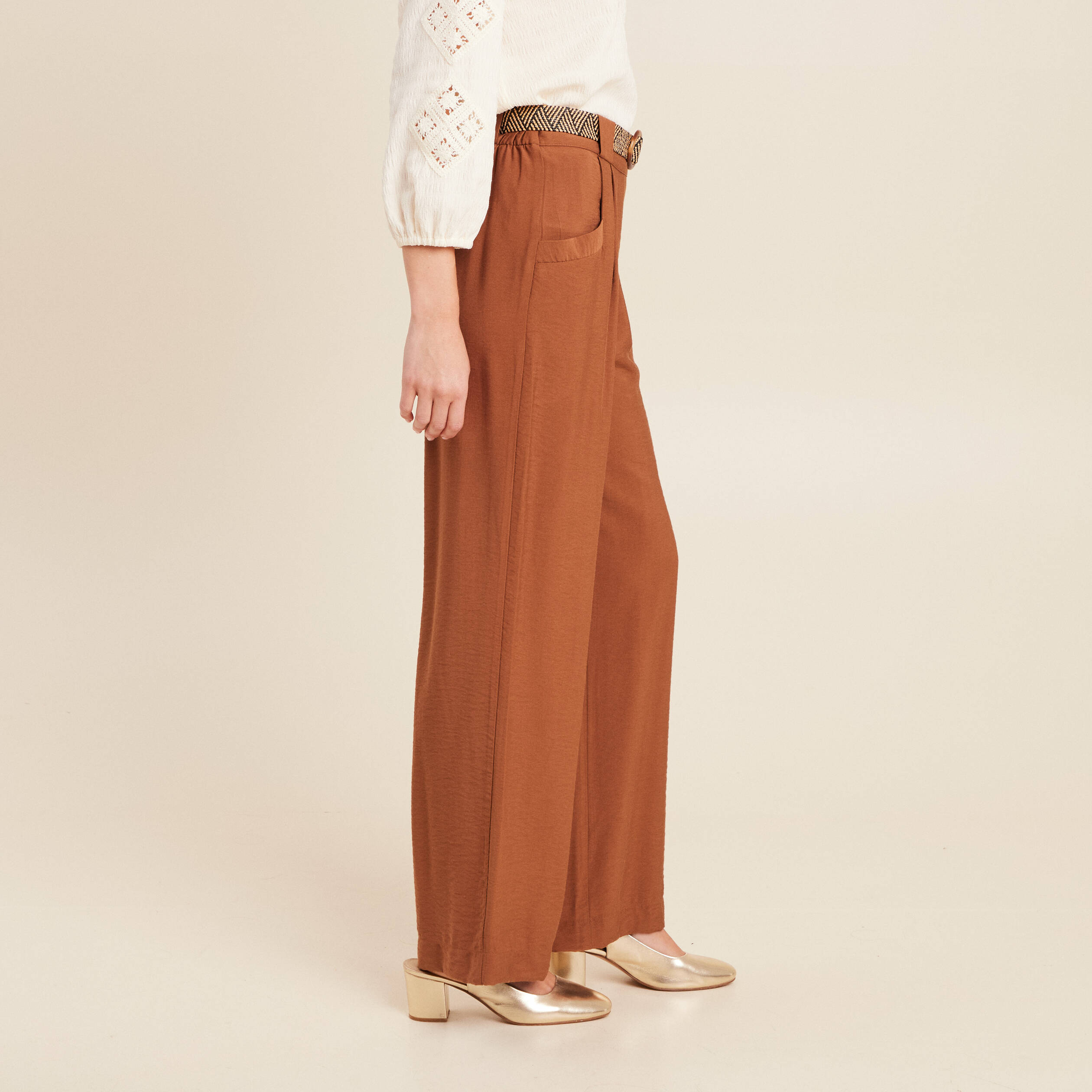 pantalon large avec ceinture amovible marron femme Pantalon large avec ceinture amovible marron femme
