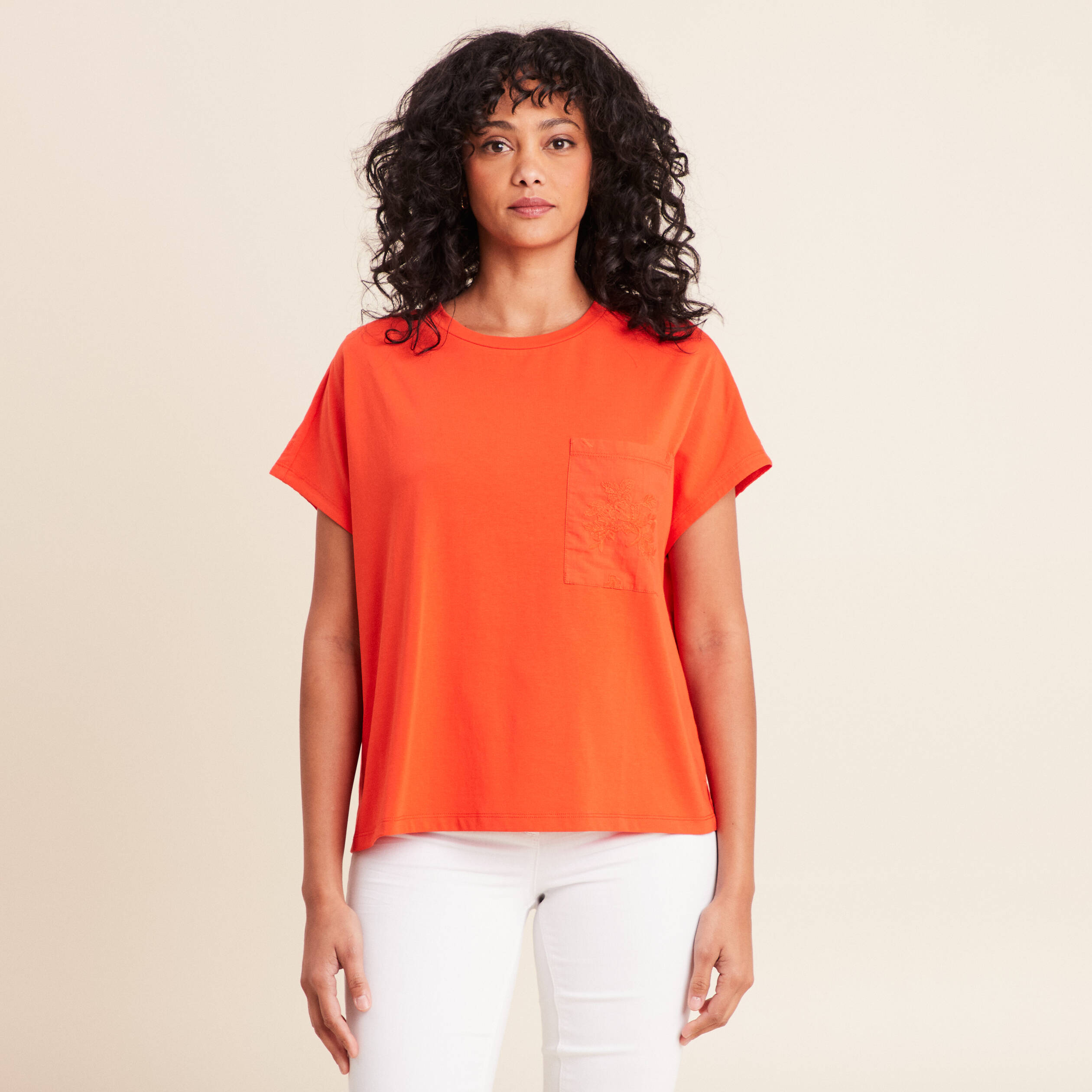 T-shirt col rond manches courtes poches orange fonc&eacute; femme
