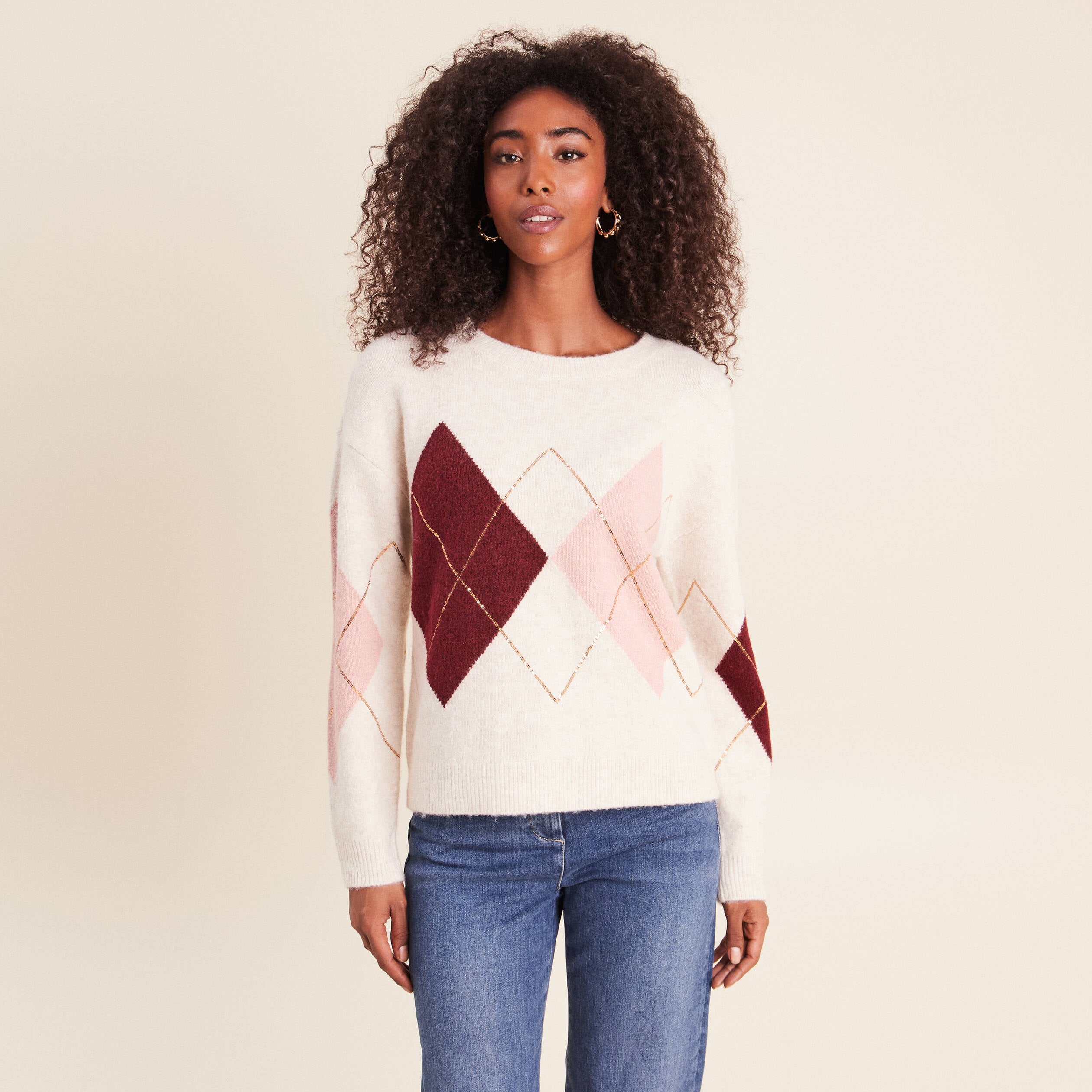 Pull col rond avec strass beige femme