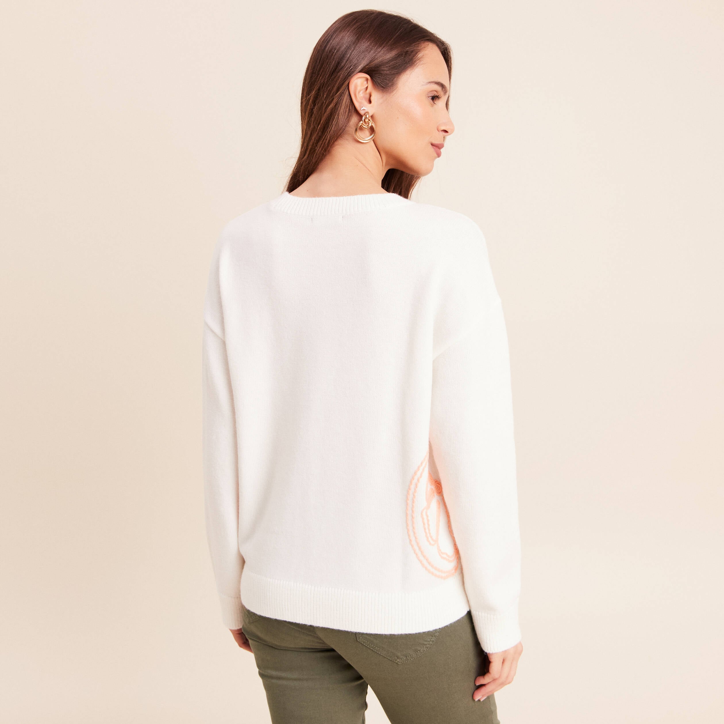 Pull droit col rond manches longues ecru femme