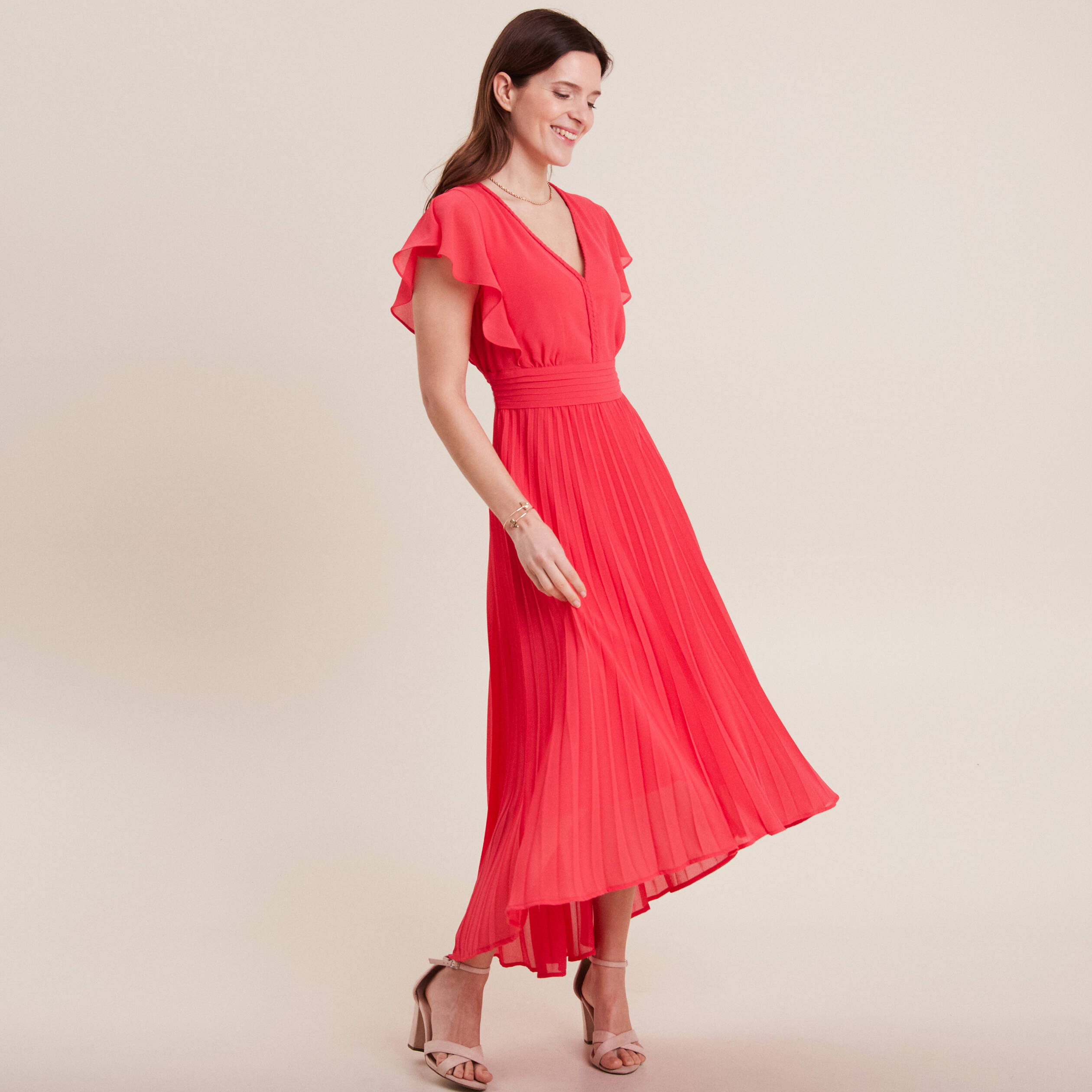 Robe longue évasée plissée rose cerise femme