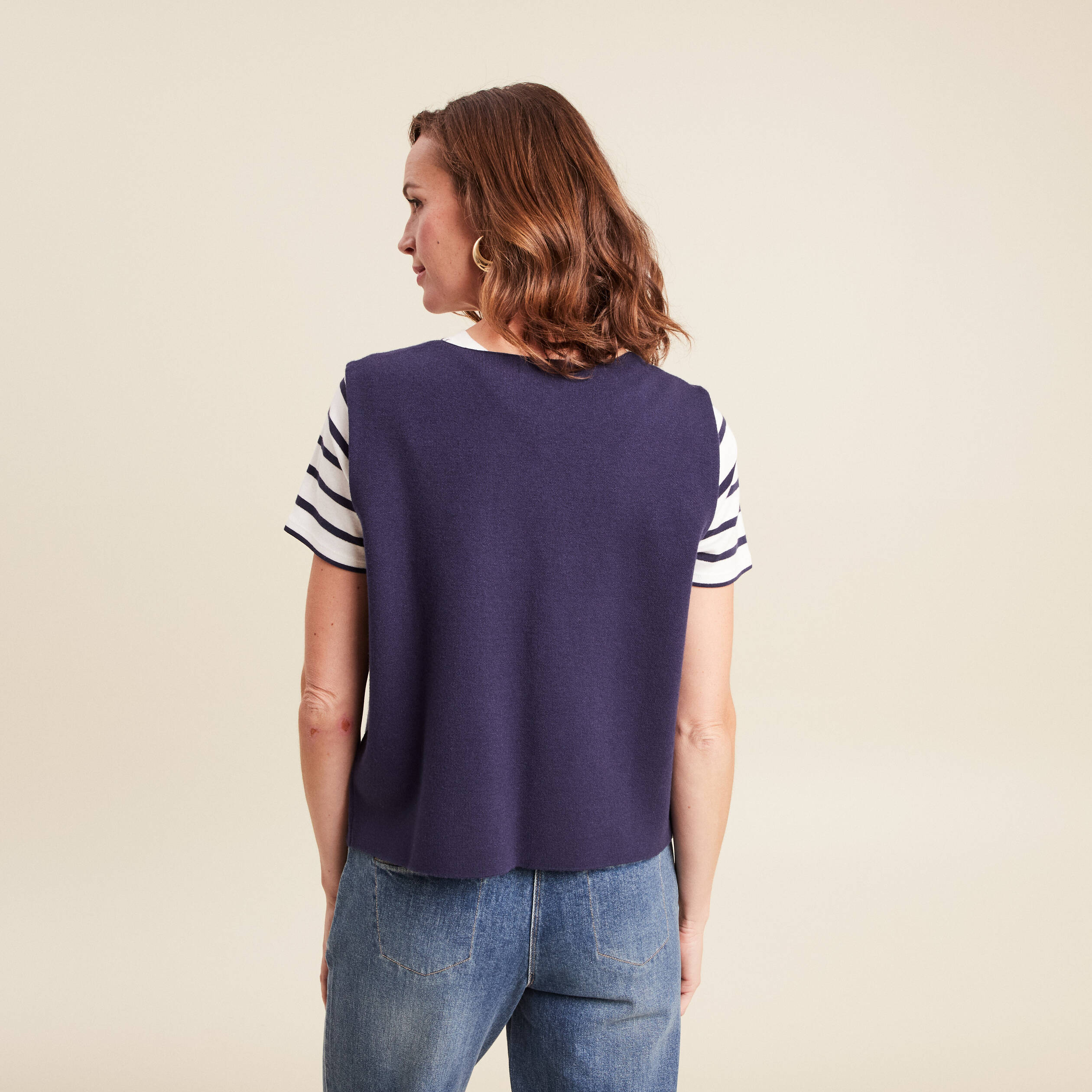 gilet droit court sans manches col rond bleu marine femme