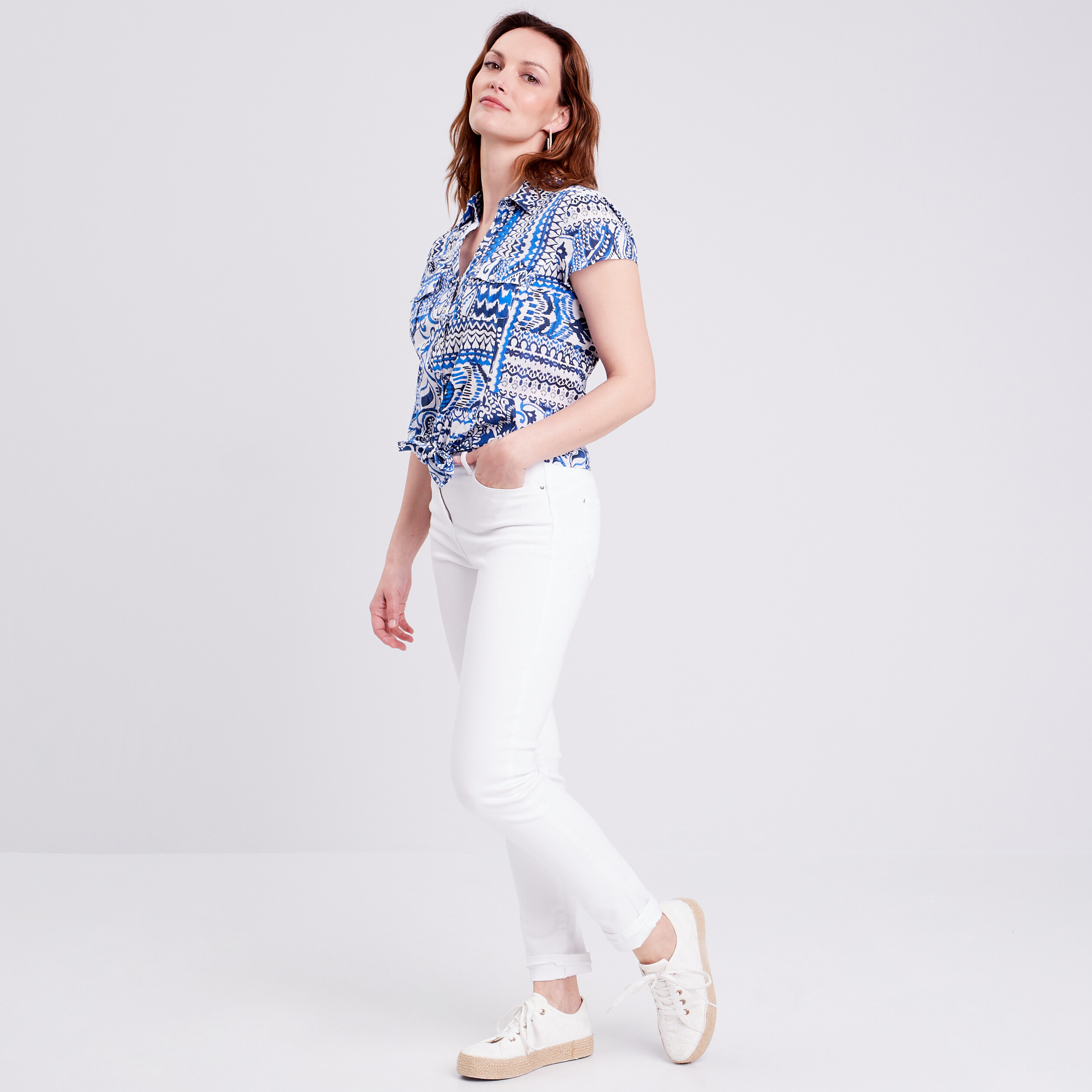 Chemise manches courtes nouée bleu femme