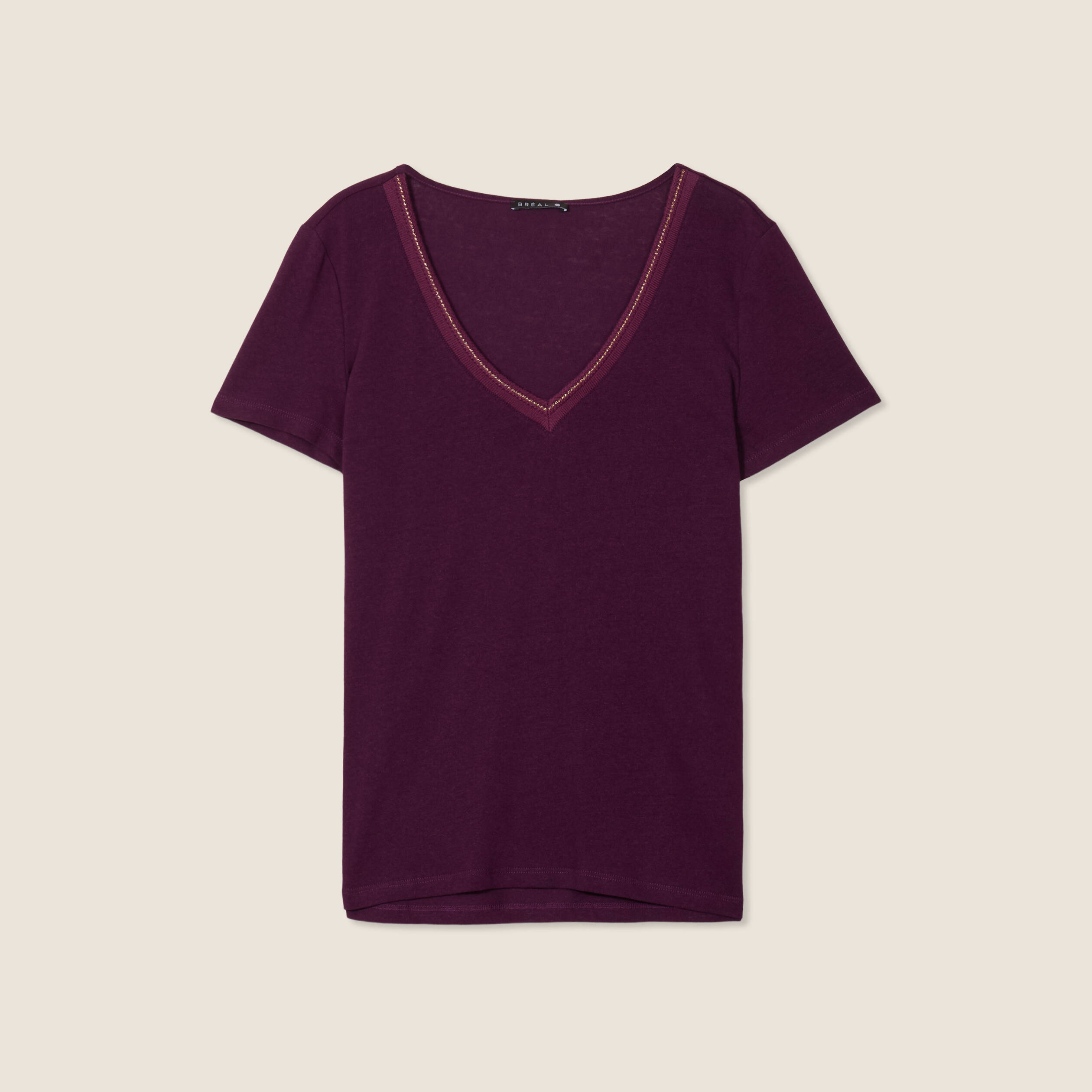 T-shirt manches courtes col en V violet foncé femme