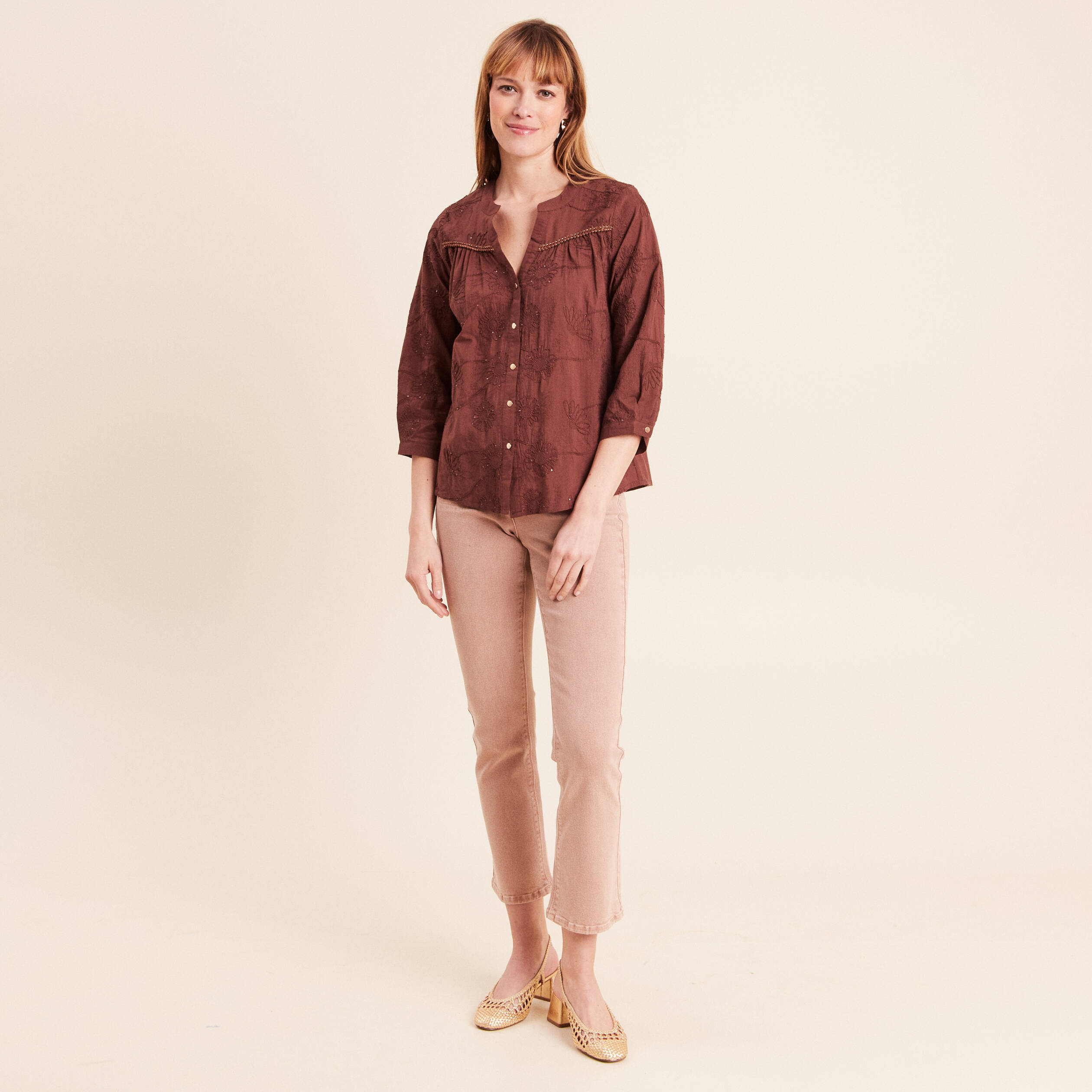 Blouse col tunisien manches 3/4 taupe femme