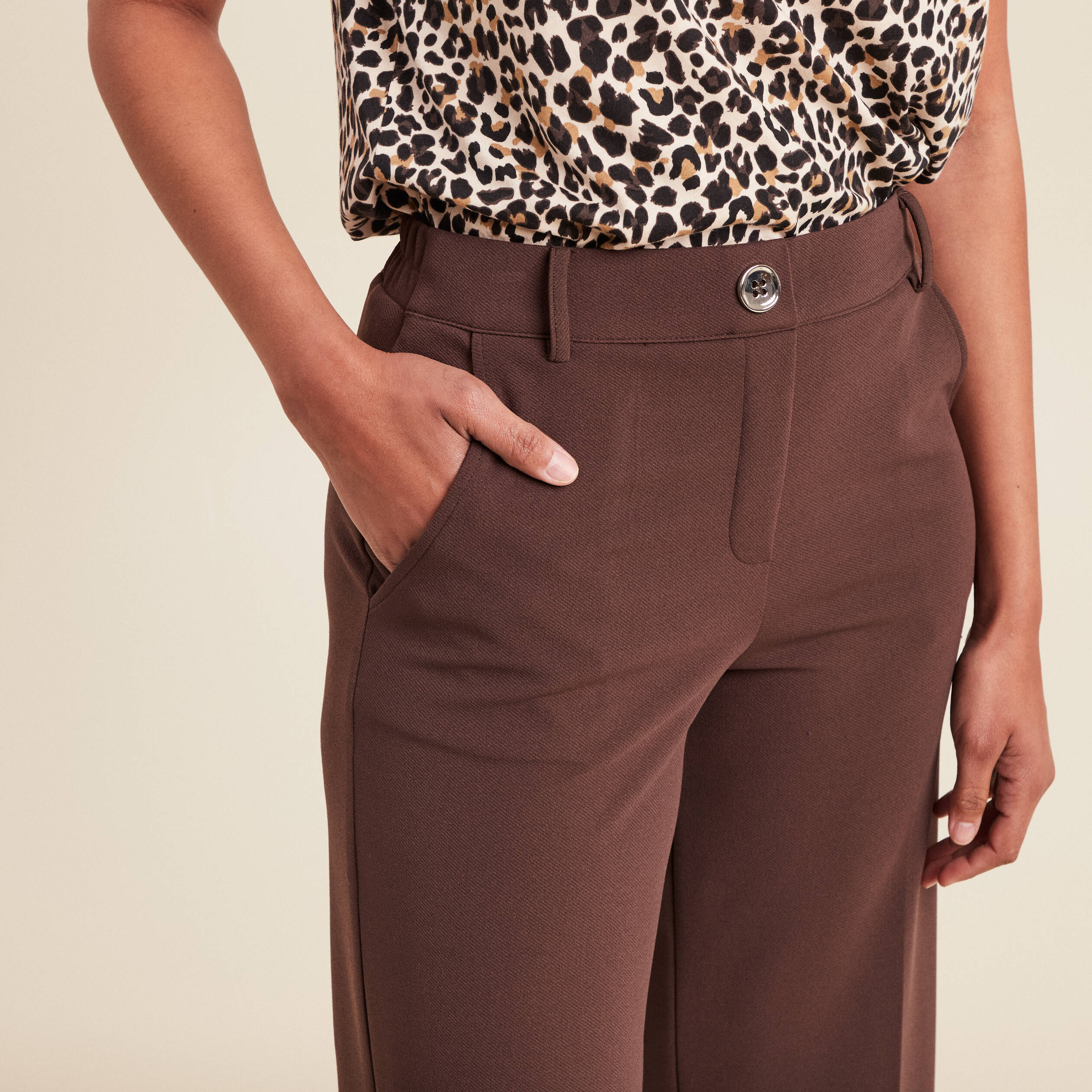 Pantalon large pinces marron femme