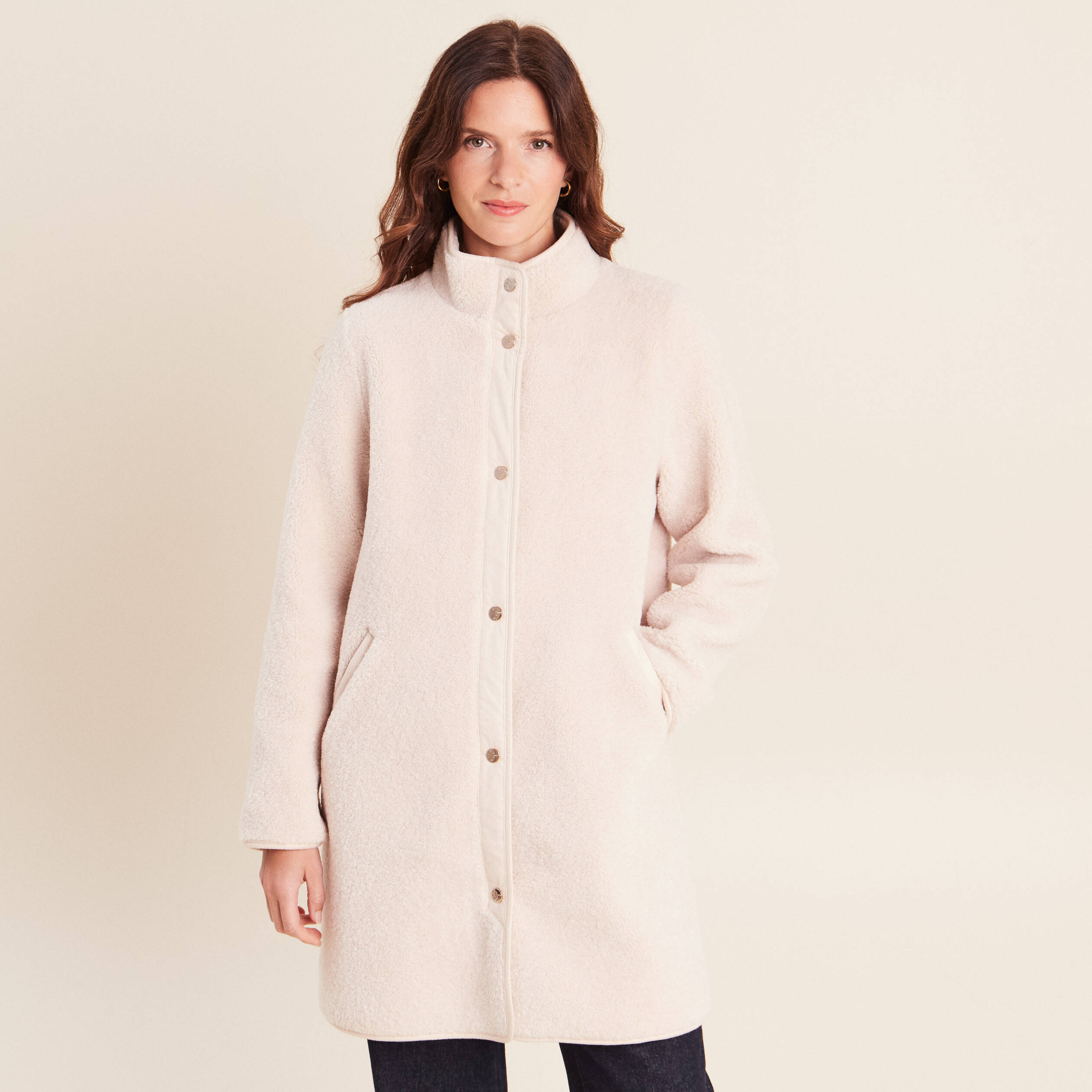 Manteau bouclette doubl&eacute; manches longues ivoire femme