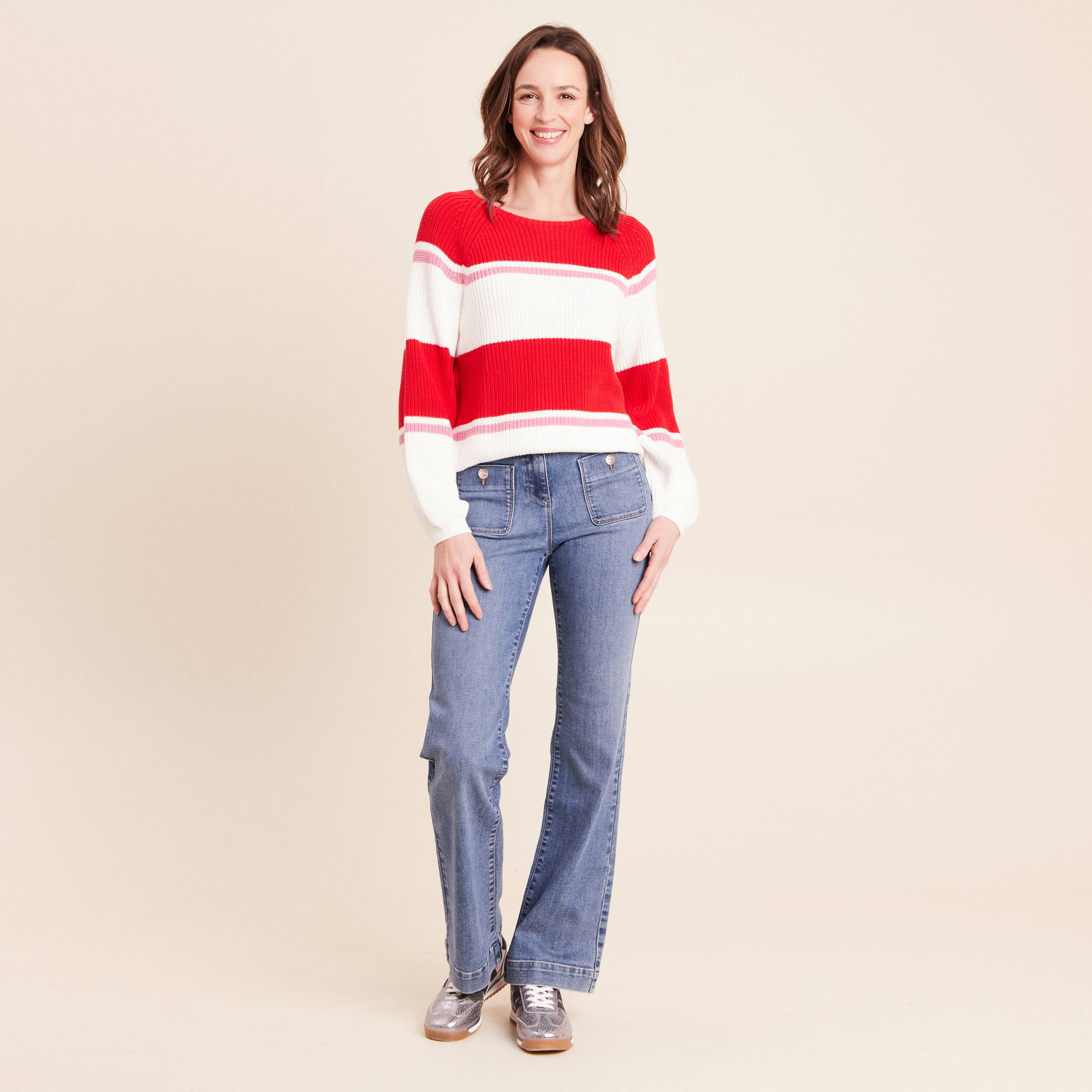 Pull droit col rond en coton ecru femme