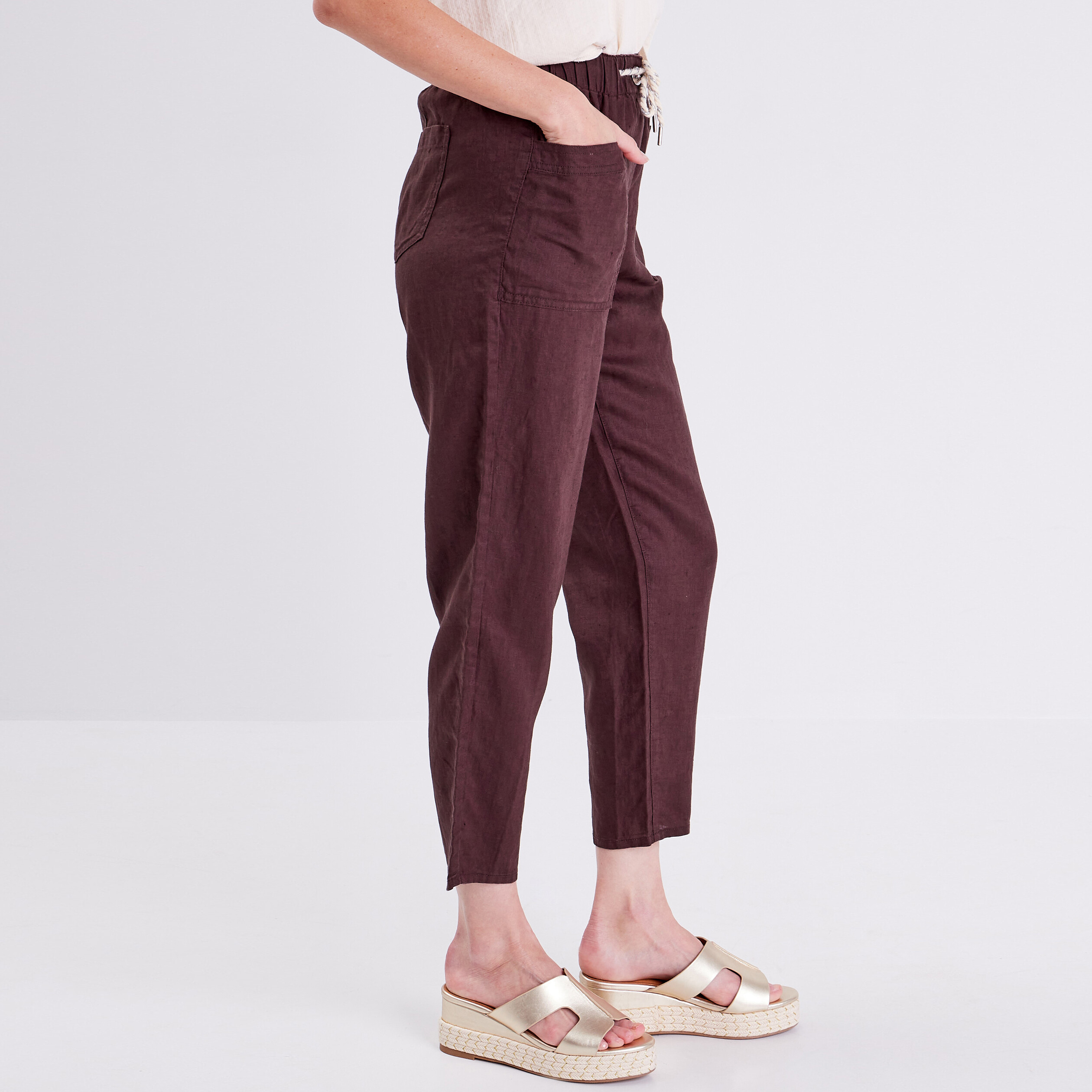 Pantalon battle en lin marron fonc femme Br al