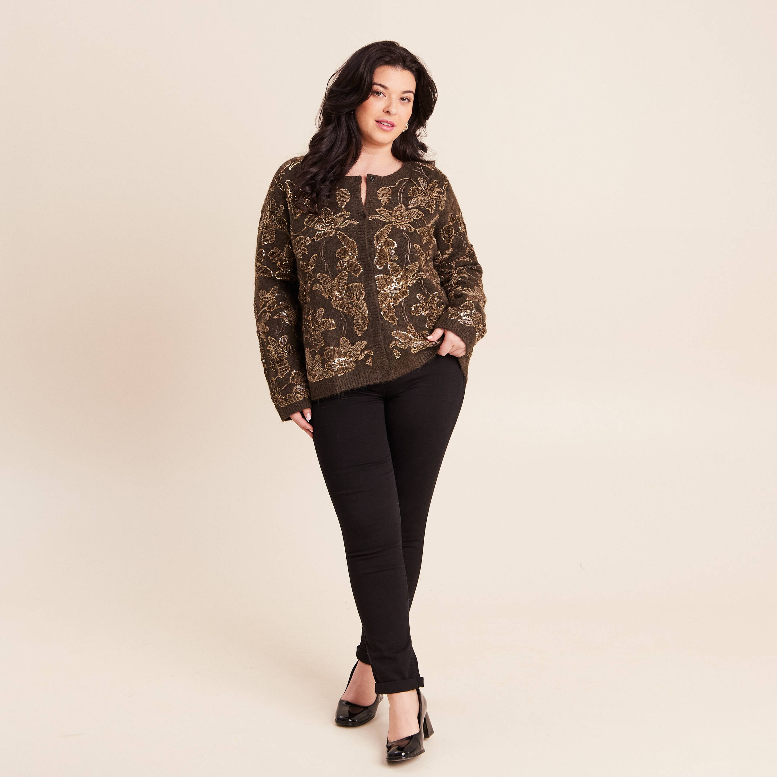 Gilet droit brod&eacute; &agrave; sequins vert kaki femme