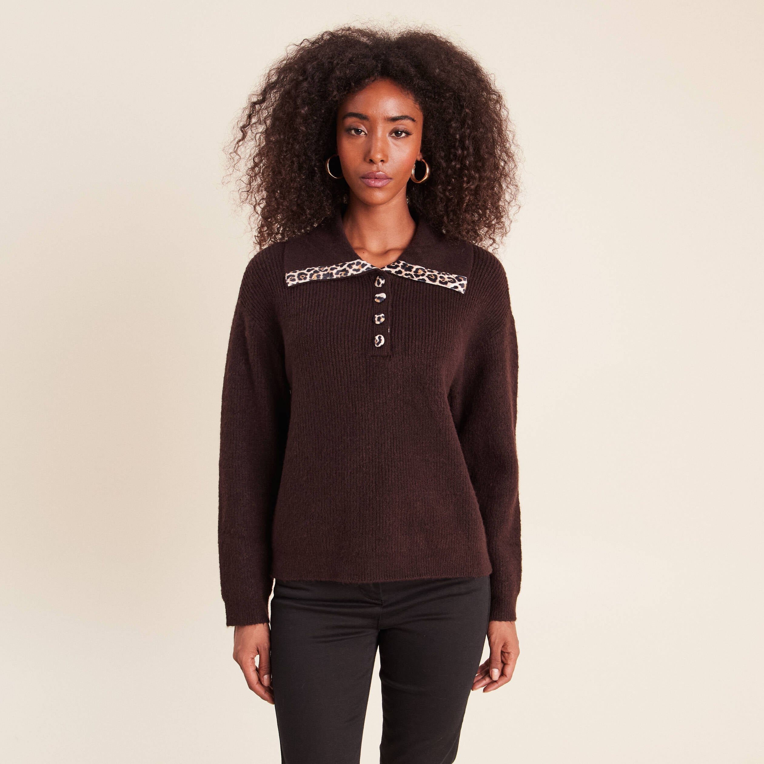 Pull droit manches longues marron fonc&eacute; femme