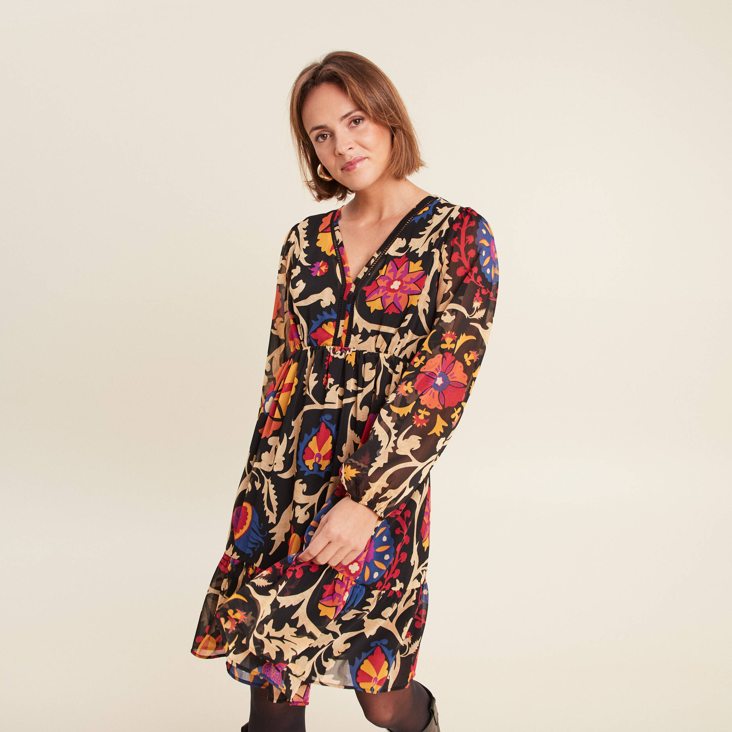 Robe évasée manches longues noir femme