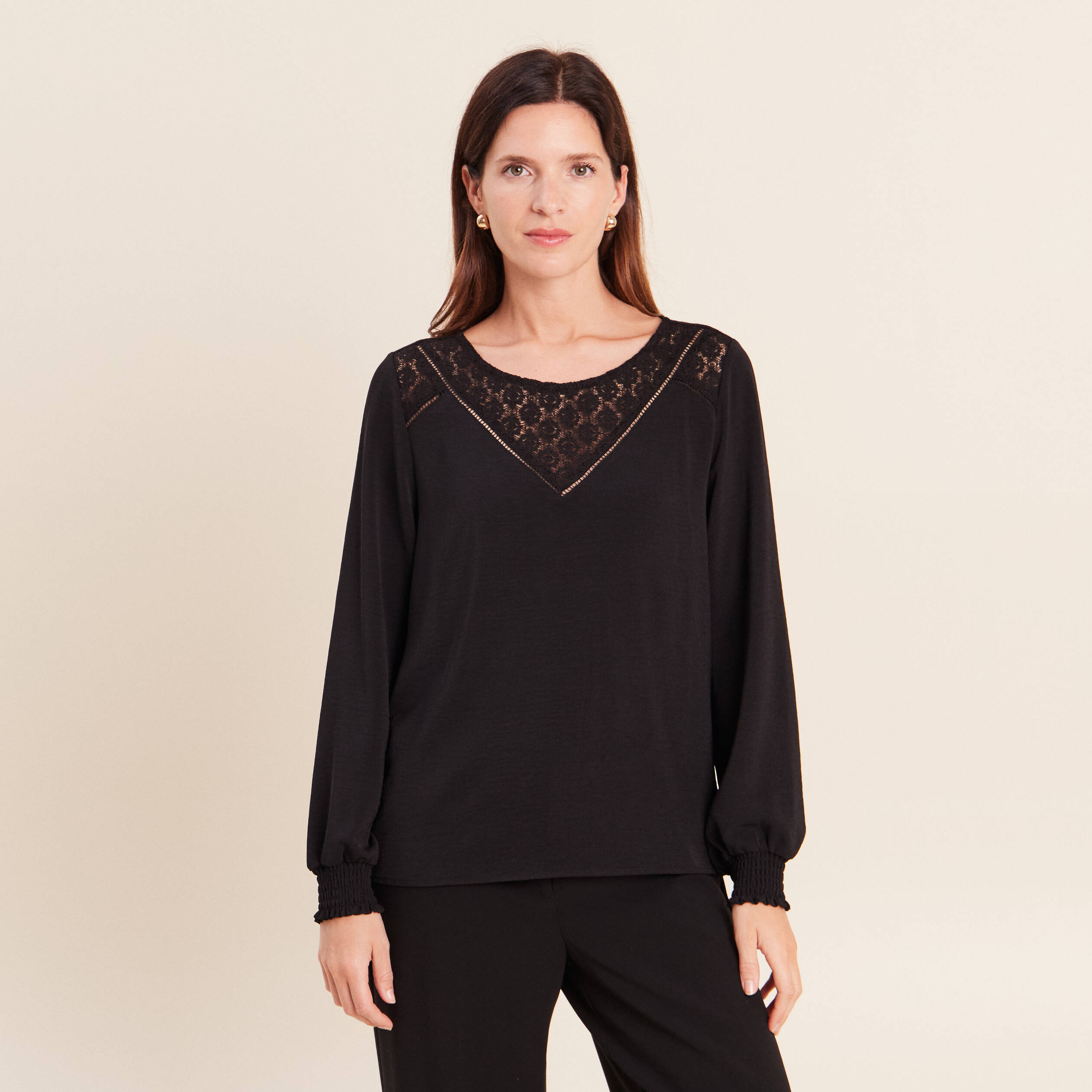 Blouse droite manches longues dentelle noir femme