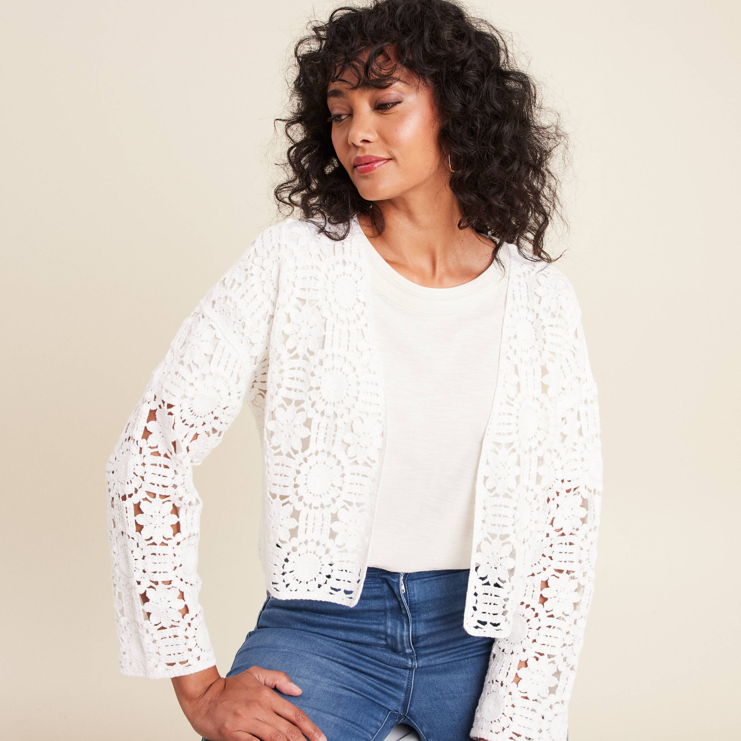 Gilet court manches longues ecru femme