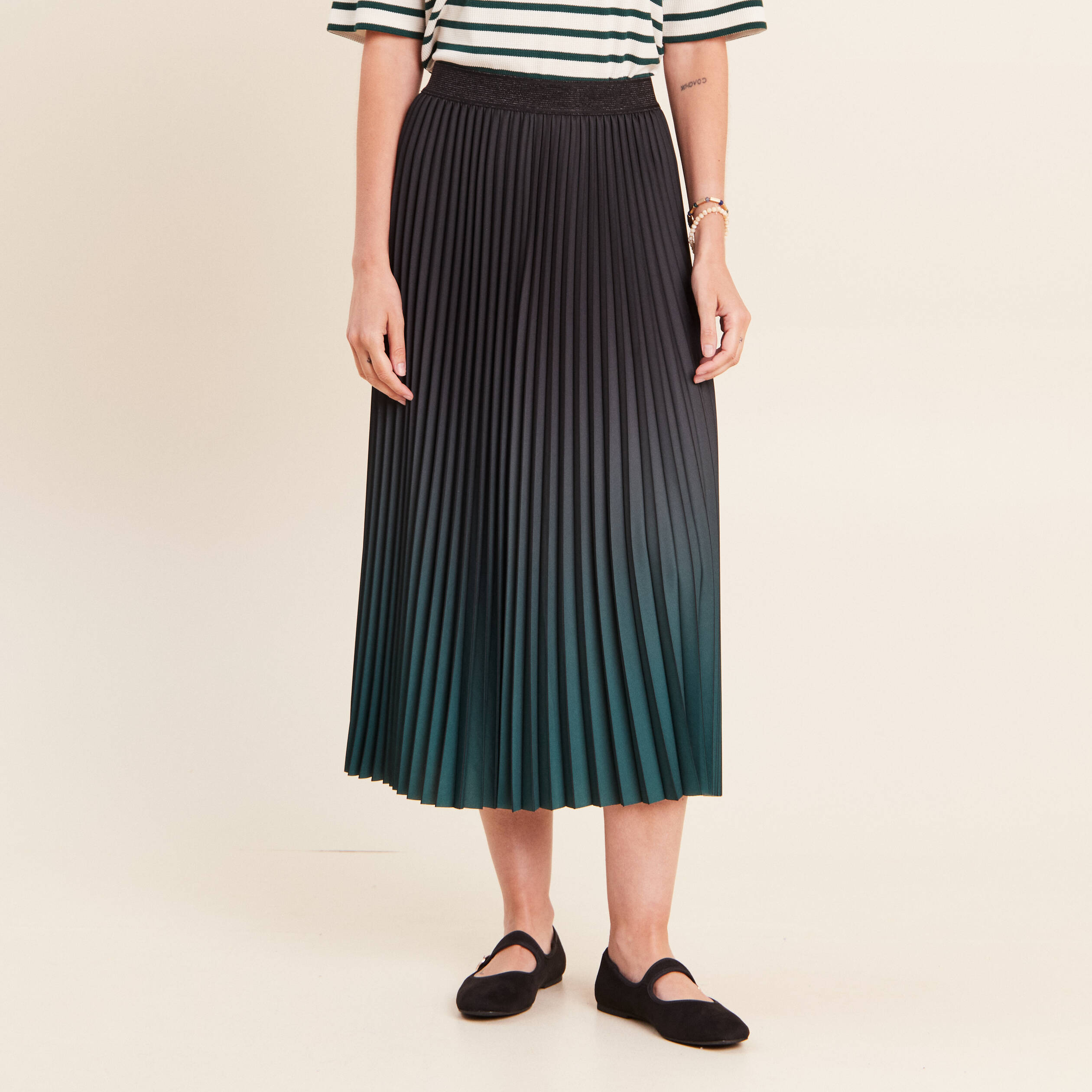 Jupe midi patineuse pliss&eacute;e vert fonc&eacute; femme