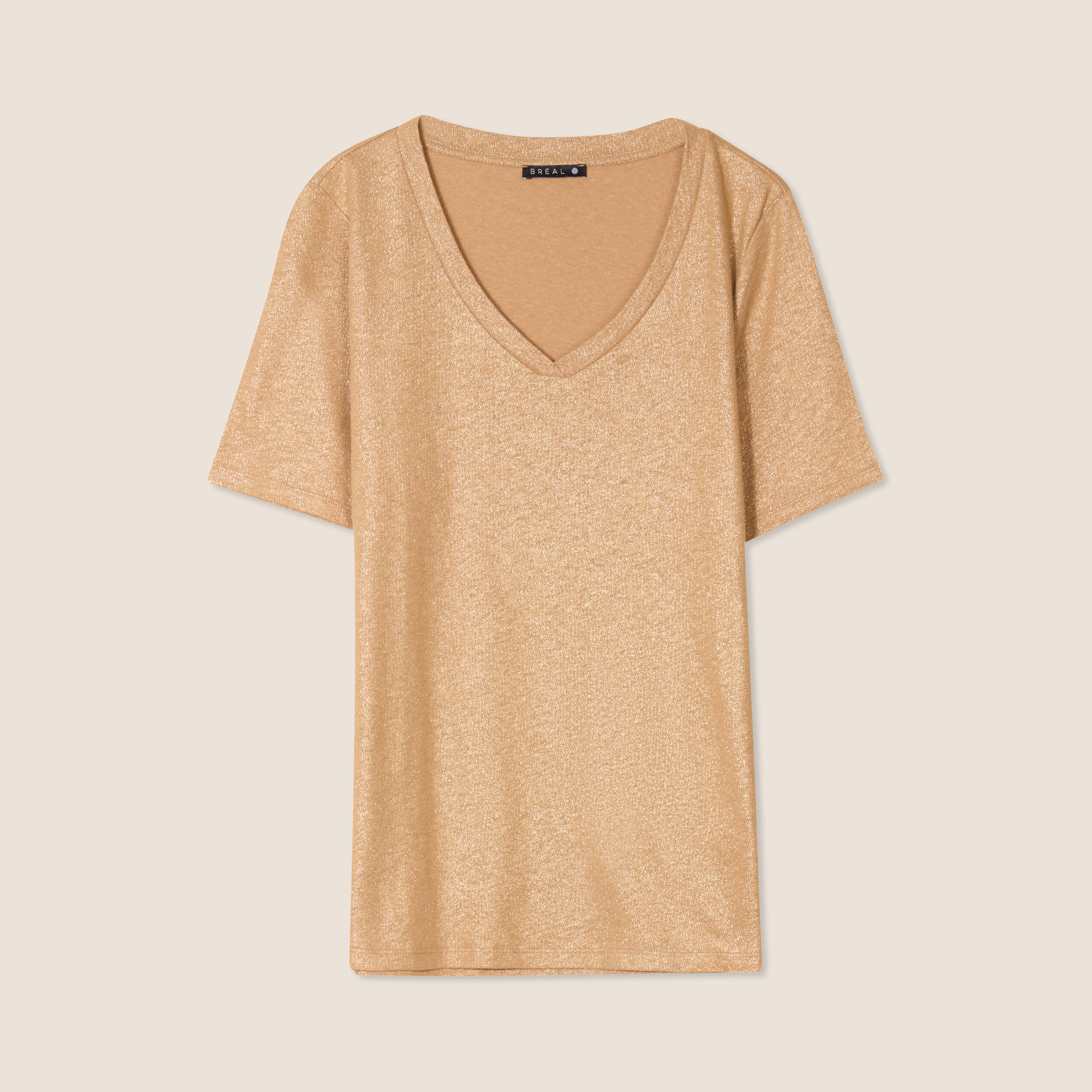 T-shirt col V manches courtes beige femme